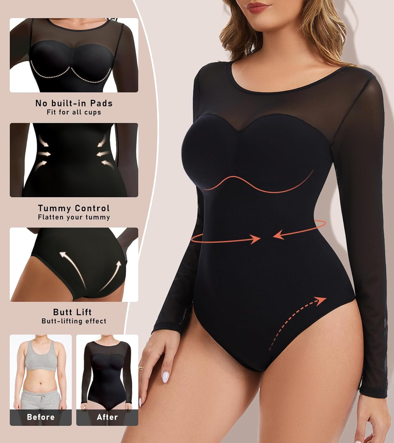 Women's Long Sleeve Shapewear Bodysuit for Tummy Control Body Suits Sheer Mesh Leotard Going Out Tops Fall Outfits - Image 3