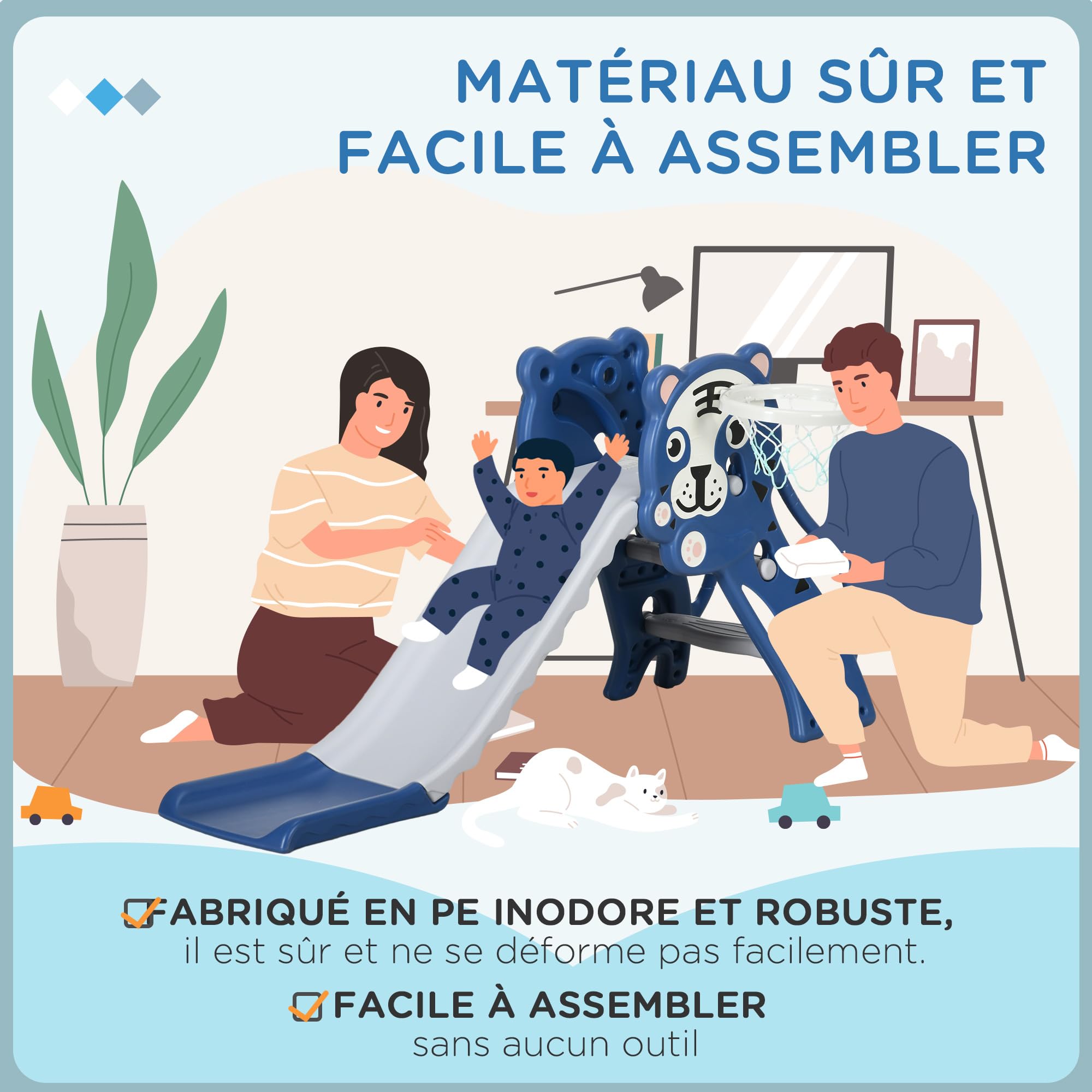 AIYAPLAY Toboggan pour Enfants, Toboggan intérieur pour Enfants, avec Un Panier de Basket, thème Tigre, de 18 à 36 Mois, jusqu'à 25 kg, 133L x 60l x 70H cm, Bleu