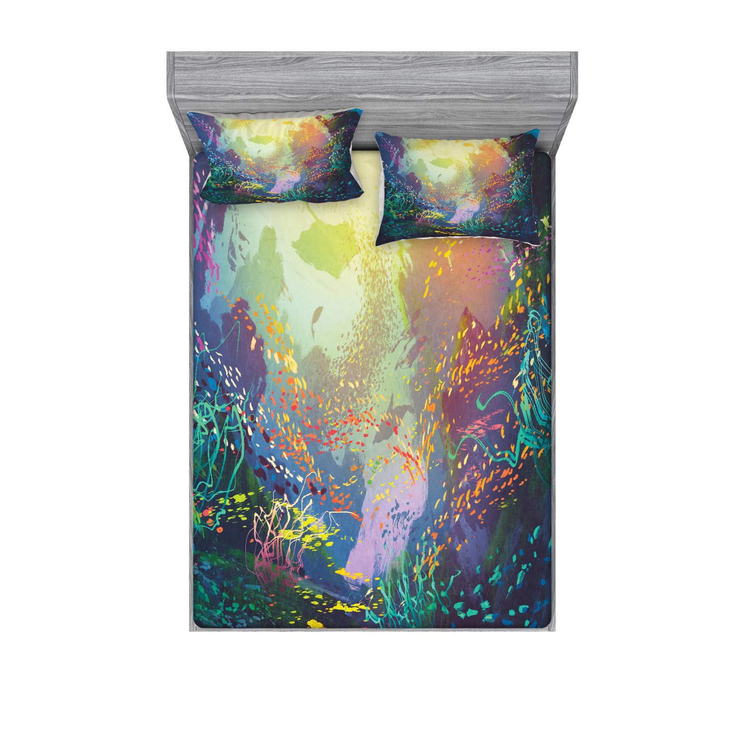 Ambesonne Sea Animals Fitted Sheet & Pillow Sham Set, Underwater with Coral Reef and Colorful Fish Aquarium Print, Decorative Printed 3 Piece Bedding Decor Set, Full, Turquoise Yellow