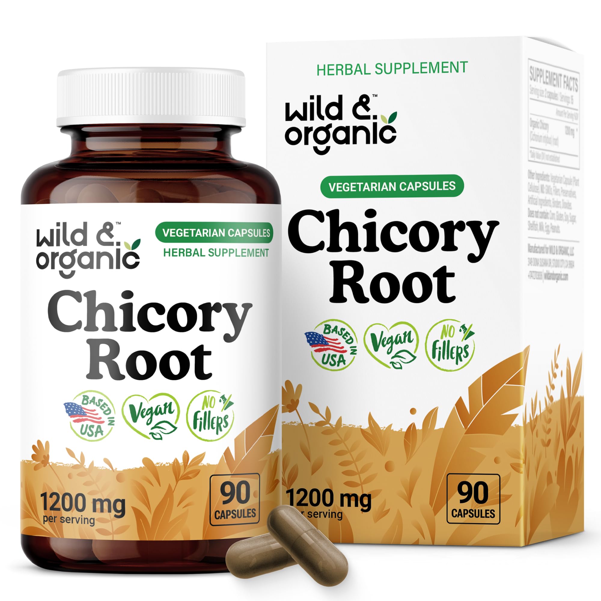 Wild & Organic Chicory Root Capsules - 1200 mg of Chicory Root Powder per Serving - Digestive & Gut Support - Inulin Fiber Prebiotic Supplement -