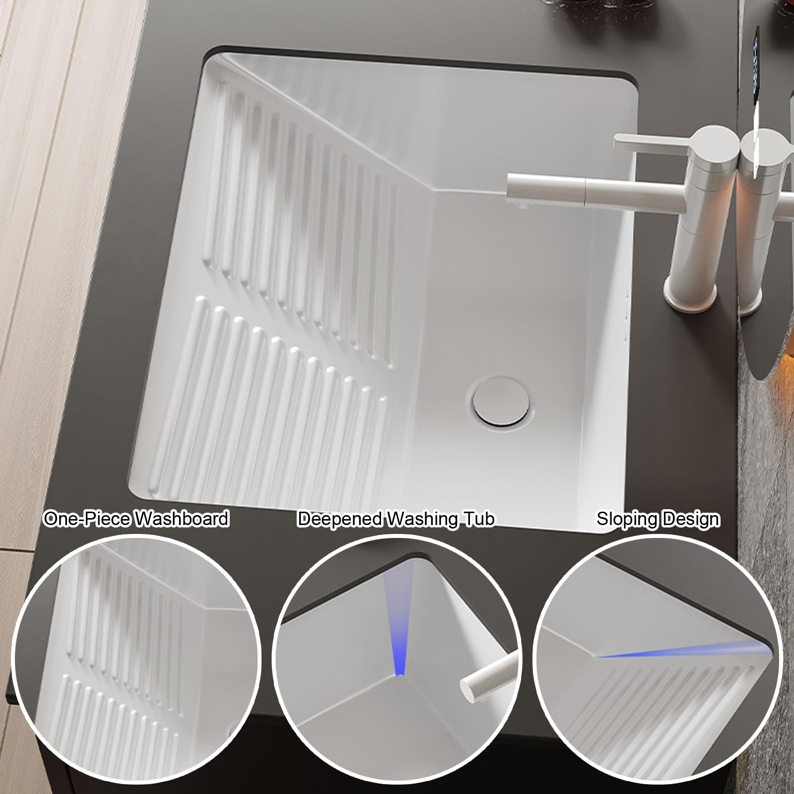 Fregadero de Cerámica Empotrable Para Lavandería con Tabla de Lavar Integrada, Lavabo Sobre Encimera con Grifo de Caño Alto y Kit de Desagüe para Baño o Lavadero(32.5x46.5x22cm/12.8x18.3x8.6in)