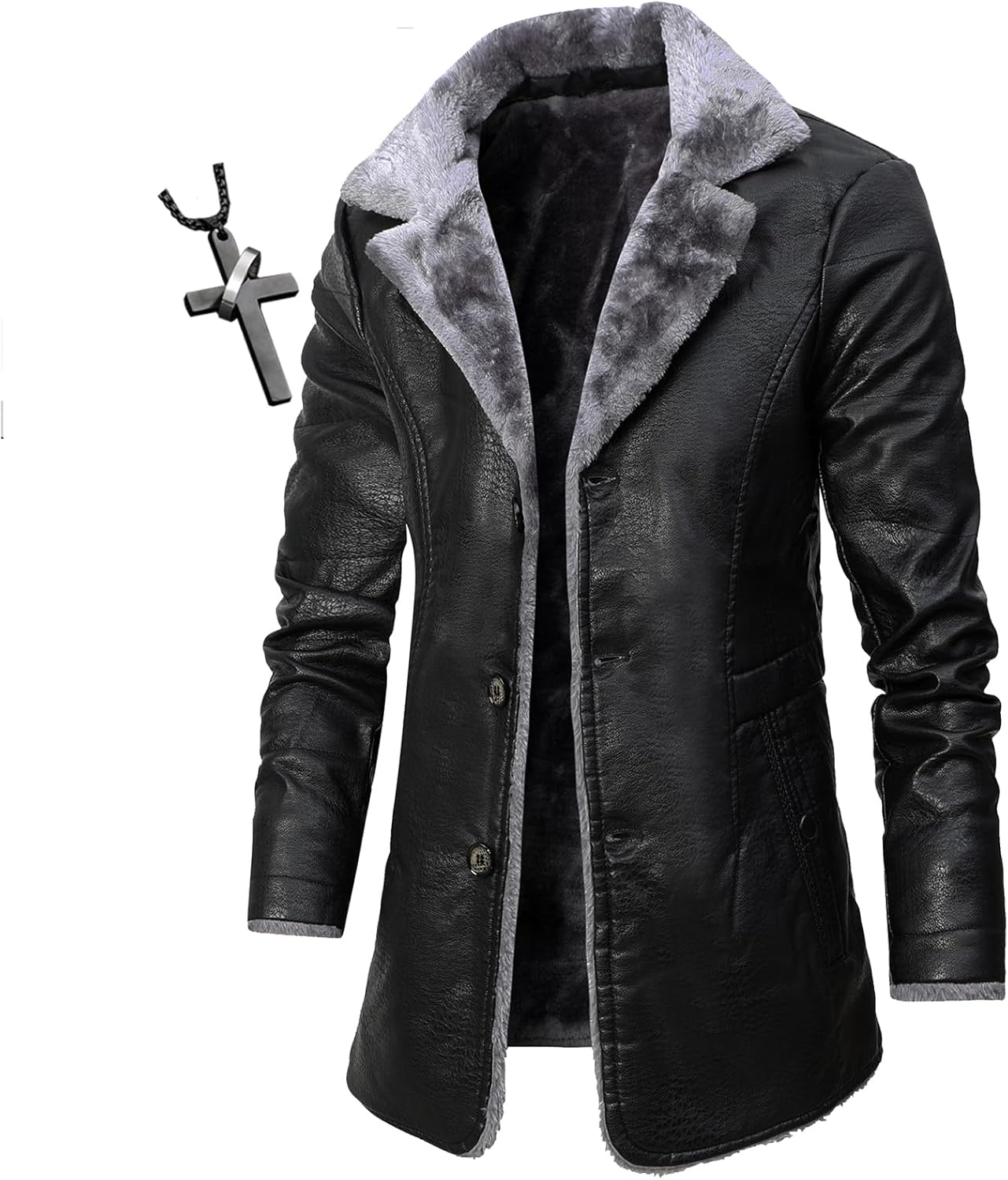 Mens Genuine PU Leather Biker Jacket 3/4 Length Coat Warm Winter Long Leather Jacket Lined Duster Trench Coat (TYP-2,XXL)