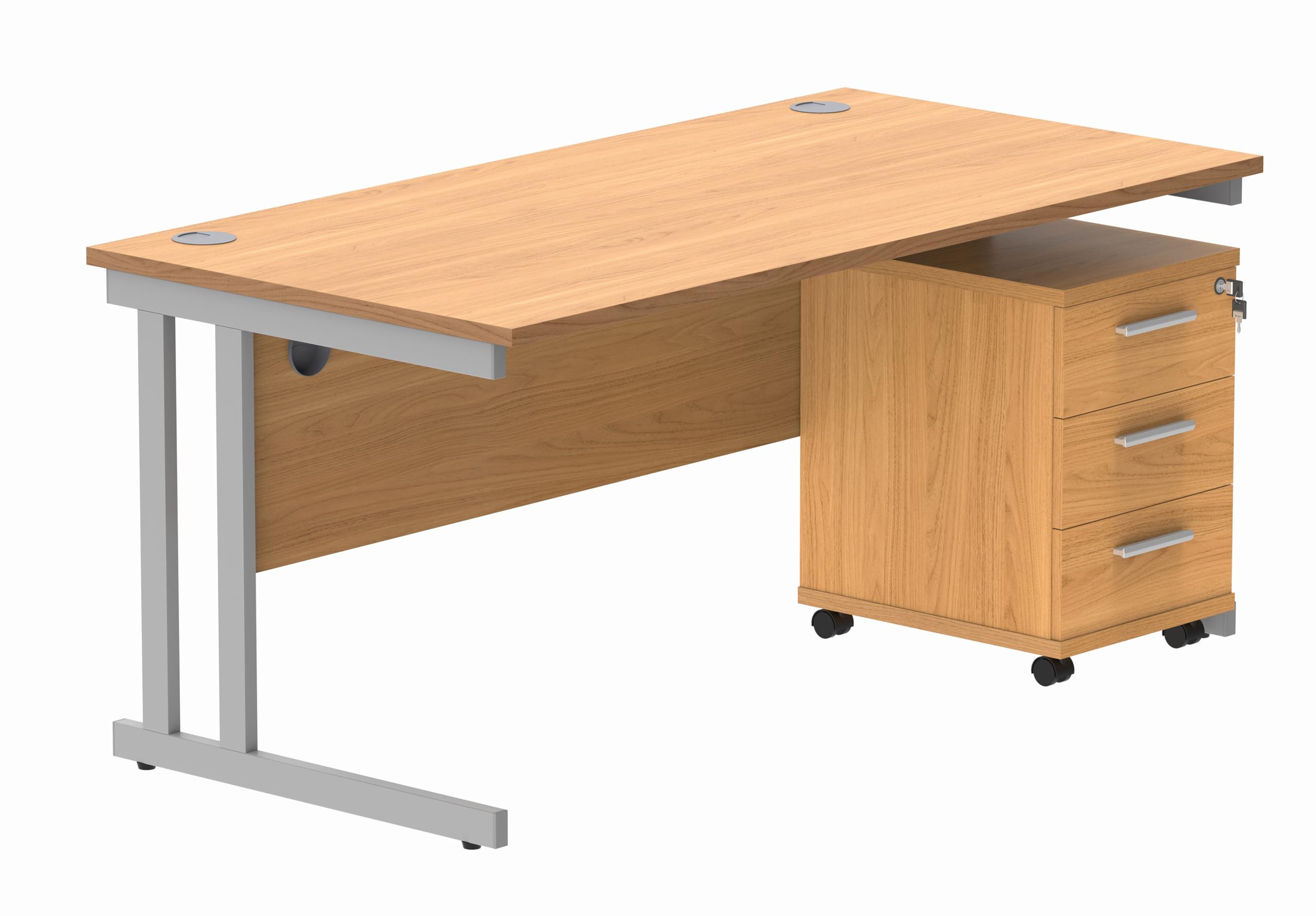 Office Hippo Heavy Duty Rectangular PC Office Desk with Storage, 3 Drawer Mobile Pedestal, Silver Frame, Norwegian Beech Top, 160 x 80 x 73 cm