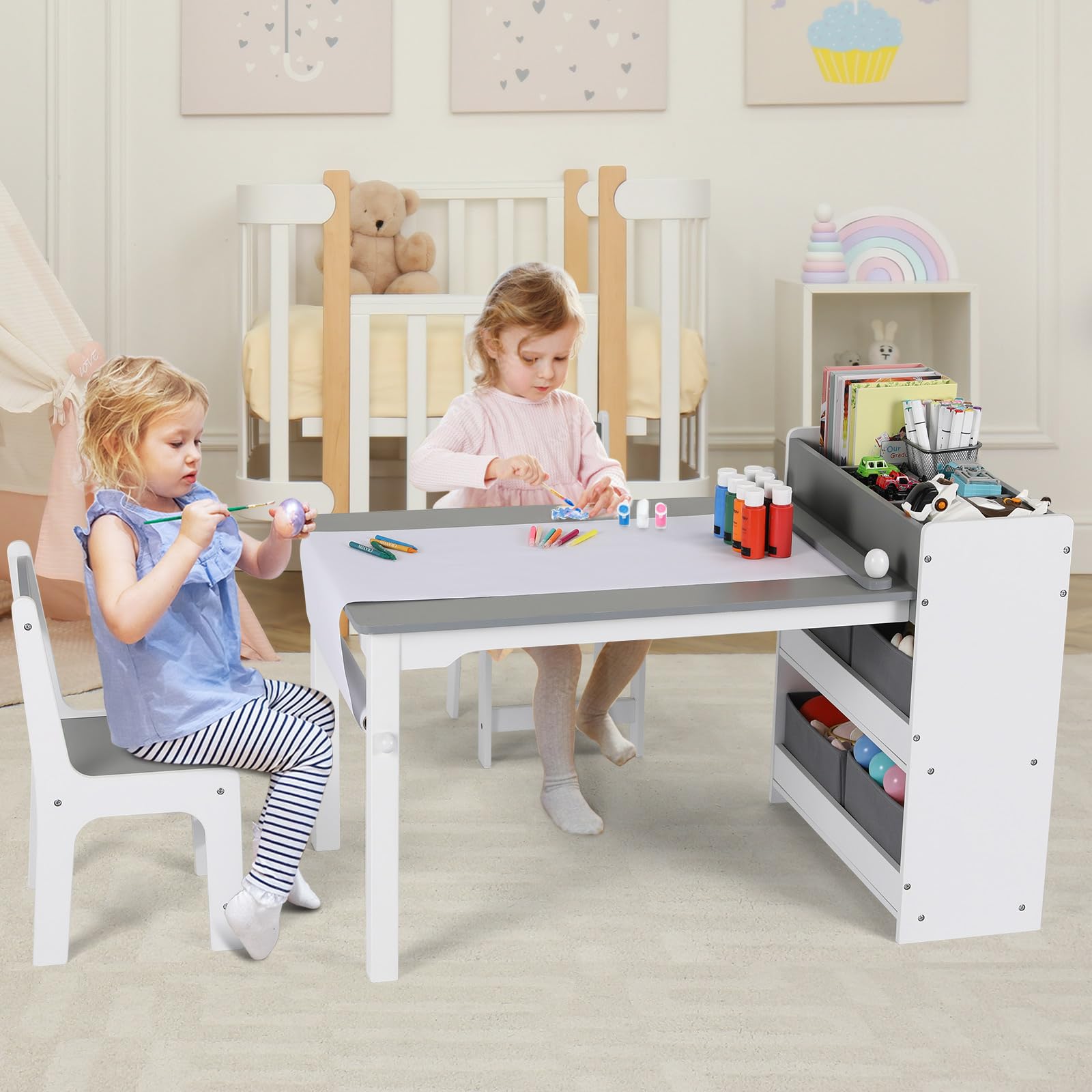 Clevich Table pour Enfant avec 2 Chaises, Table avec Espace de Rangement, Ensemble de Chaises en Bois, Bureau de Peinture avec Rouleau en Papier et 4 Boîtes de Rangement, Gris Blanc