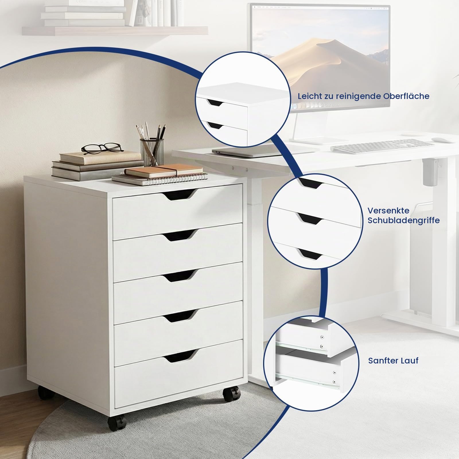 Rollcontainer mit 5 Schubladen, Mobiler Aktenschrank mit 4 Rollen, Holz Büroschrank Schreibtisch Unterschrank, Schmal Schubladenschrank Druckerschrank Weiß, 40.5cm Breit