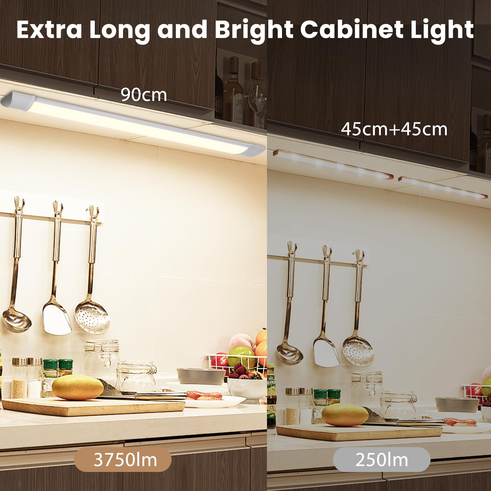 Aigostar Luz LED Armario Cocina 90cm, Luz Súper Brillante 3750 lm, Blanco Natural 4000K, Ancho 7,5cm, Apta Para Cocinas, Armario, Baños y Dormitorios, Modelo Enchufable, 3 Unidade
