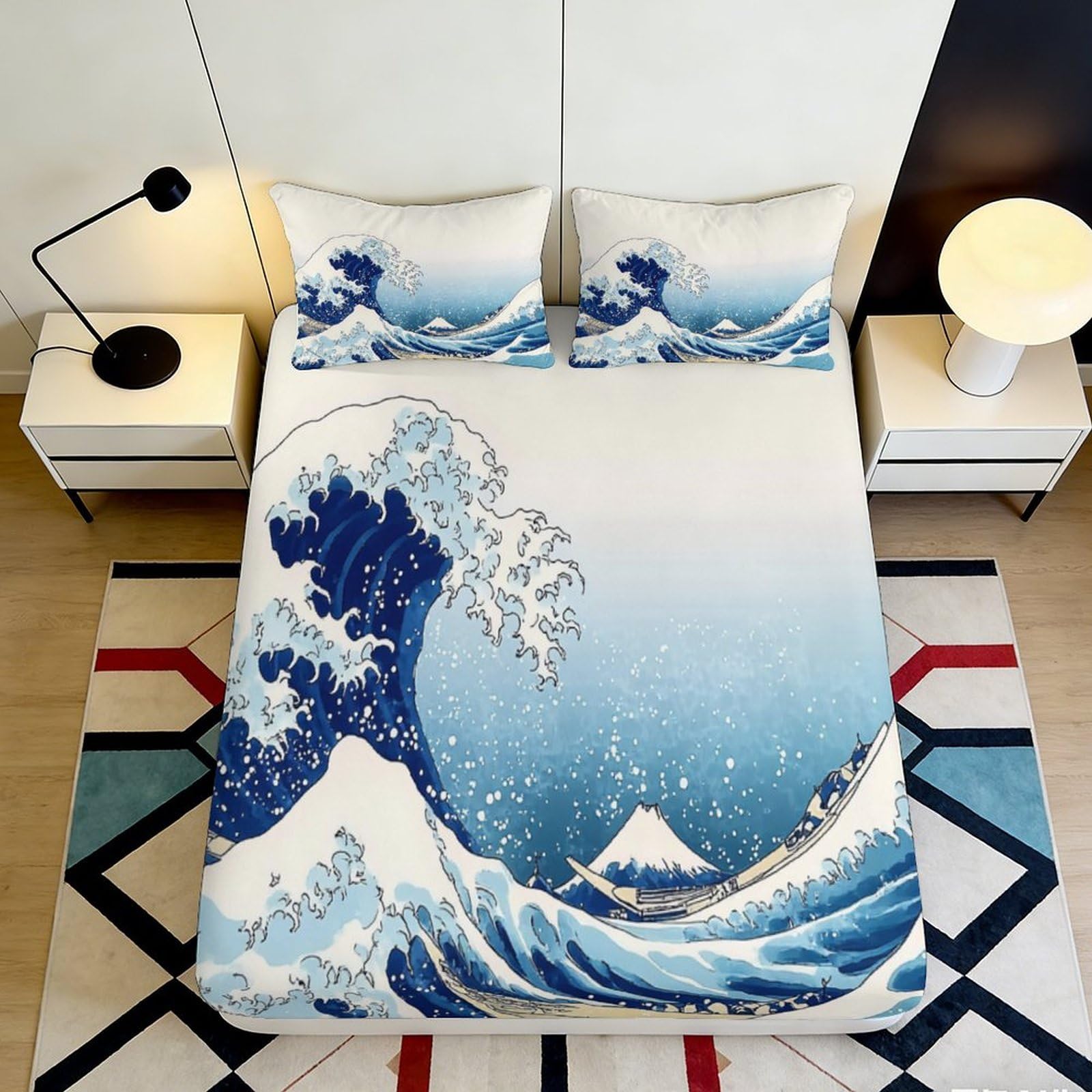 3D Printed Great Wave Fitted Sheet Microfiber Soft Breathable Ocean Wave Mattress Cover for Bedroom Dormitory Guest Room Mattress Protection Decor 160x200x25cm