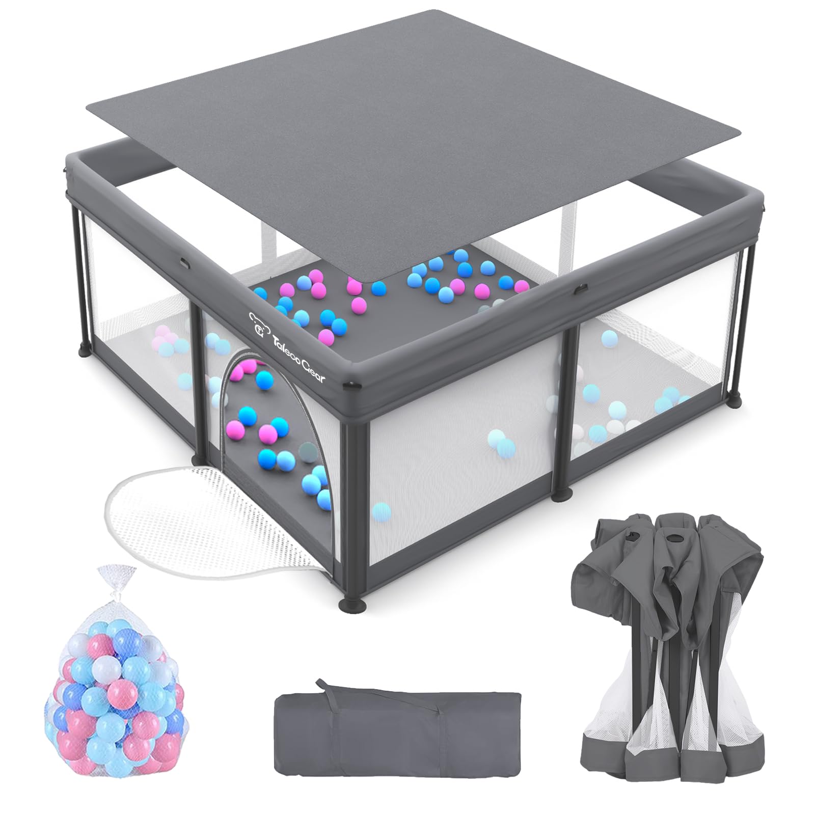 Foldable Baby Playpen for Babies and Toddlers, 50x50 Inch Portable Play Yard, Collapsible Play Pen with Mat, Visible Mesh, 50 Ocean Balls, Indoor/