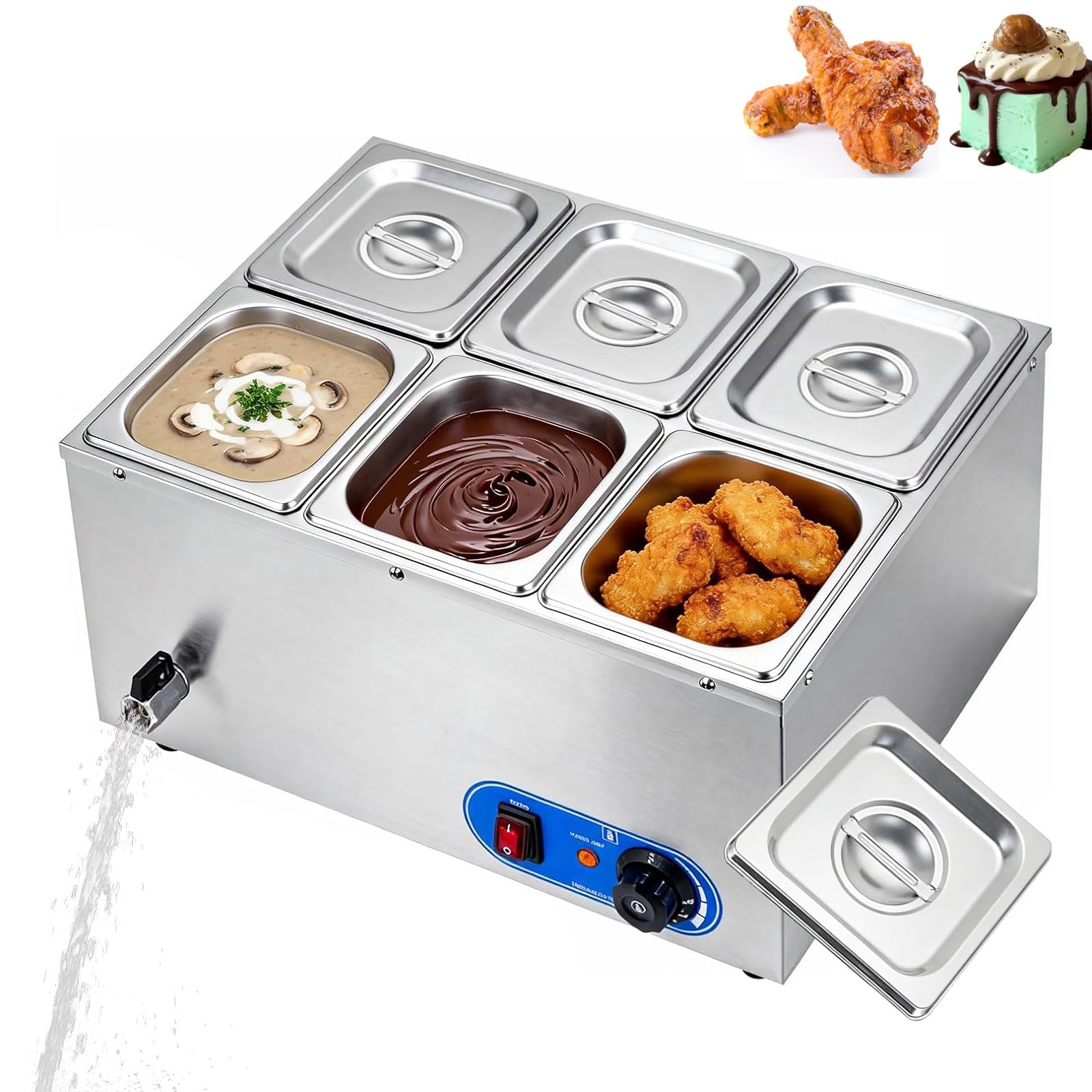 TYH Speisenwärmer Mit 6 Behältern, 1500 W, Gewerblicher Buffetwärmer Mit Deckeln, Edelstahl, Temperaturbereich 30–80 °c, Für Privatküche, Gastronomie Und Restaurant