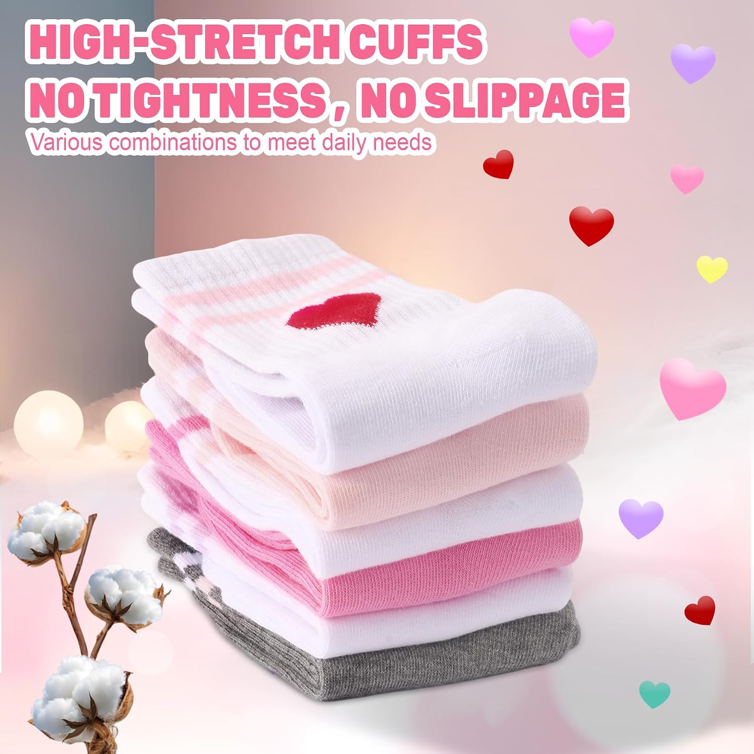 6 Pairs Kids Girls Cute Crew Athletic Socks with Retro Stripes Hearts Cotton Stretchy Sock for Casual Sporty