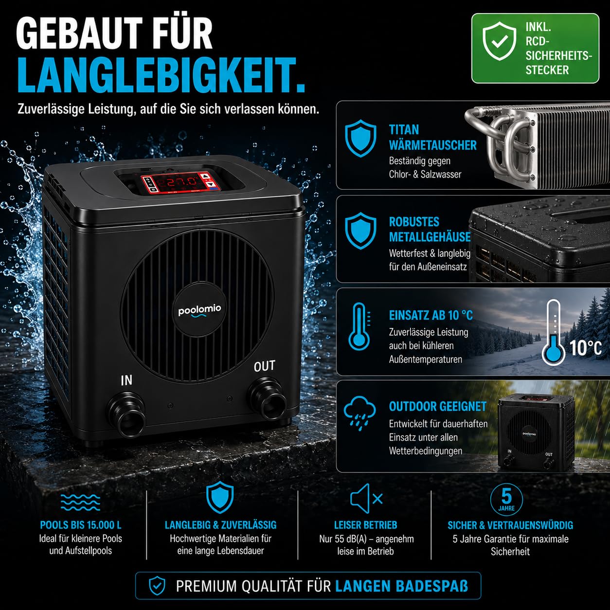 poolomio® Mini Pompe à Chaleur pour Piscine 3,75 KW avec contrôle par Application WiFi - Chauffage Efficace de Piscine COP 4,84 pour piscines Hors-Sol et Petites piscines jusqu'à 15 000 litres