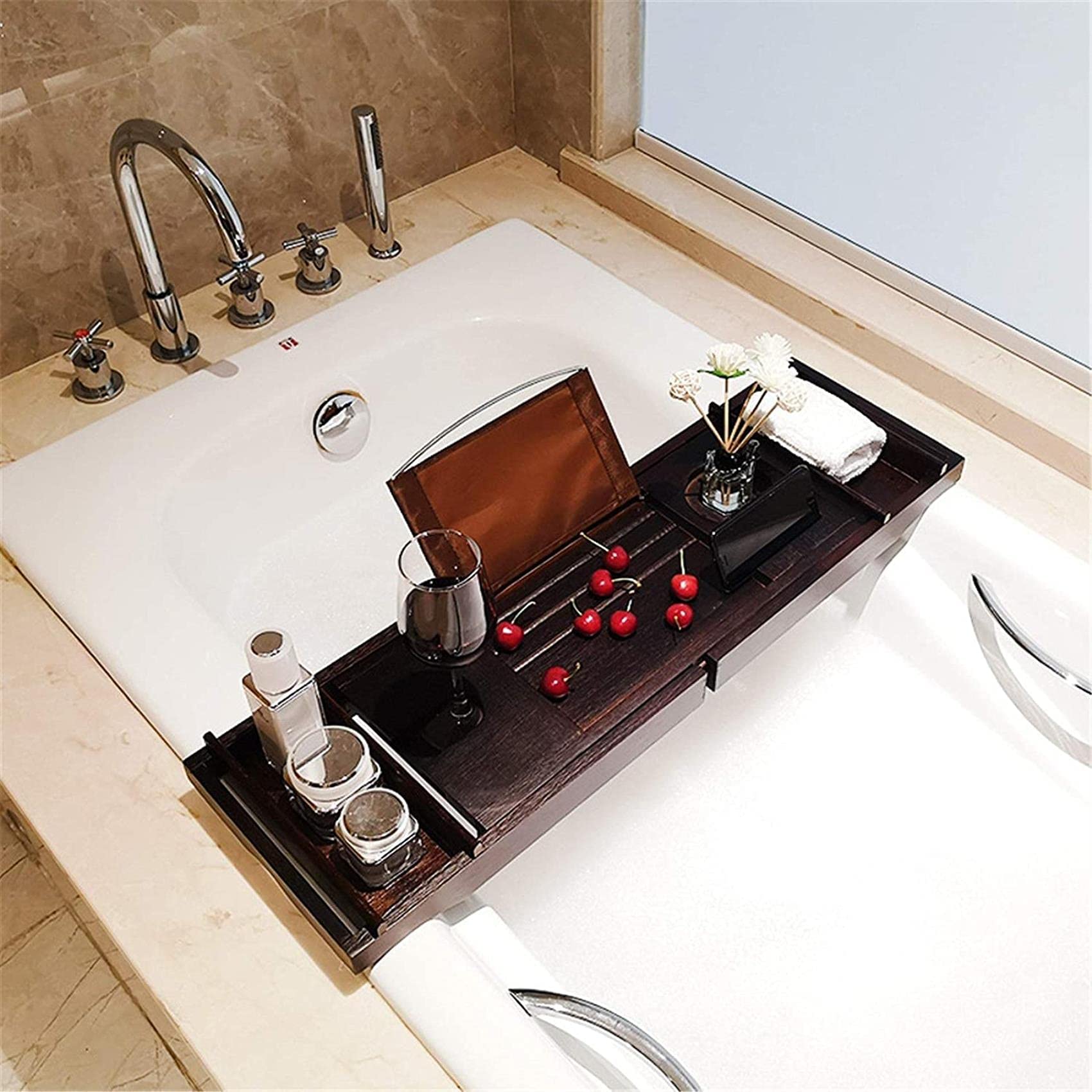 Bandeja para bañera Bandeja para bañera multifuncional antideslizante telescópica Bandeja para bañera de bambú Bañera ajustable antideslizante (Color : Picture color, Size : 75x23x4.5cm) (Pi