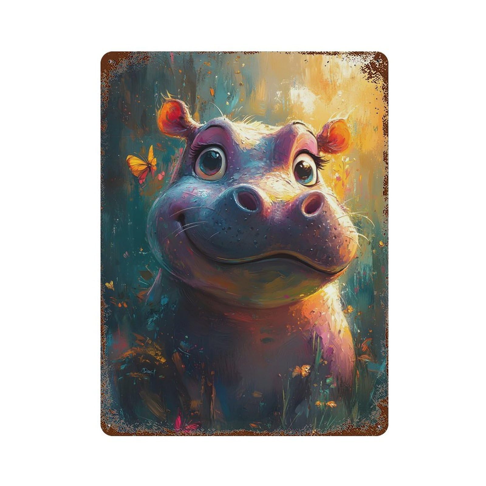 Garage Style Smiling Hippo with Butterflies Distressed Metal Wall Sign 15.7"x11.8", Novelty Wall Decor for Bar And Workshop