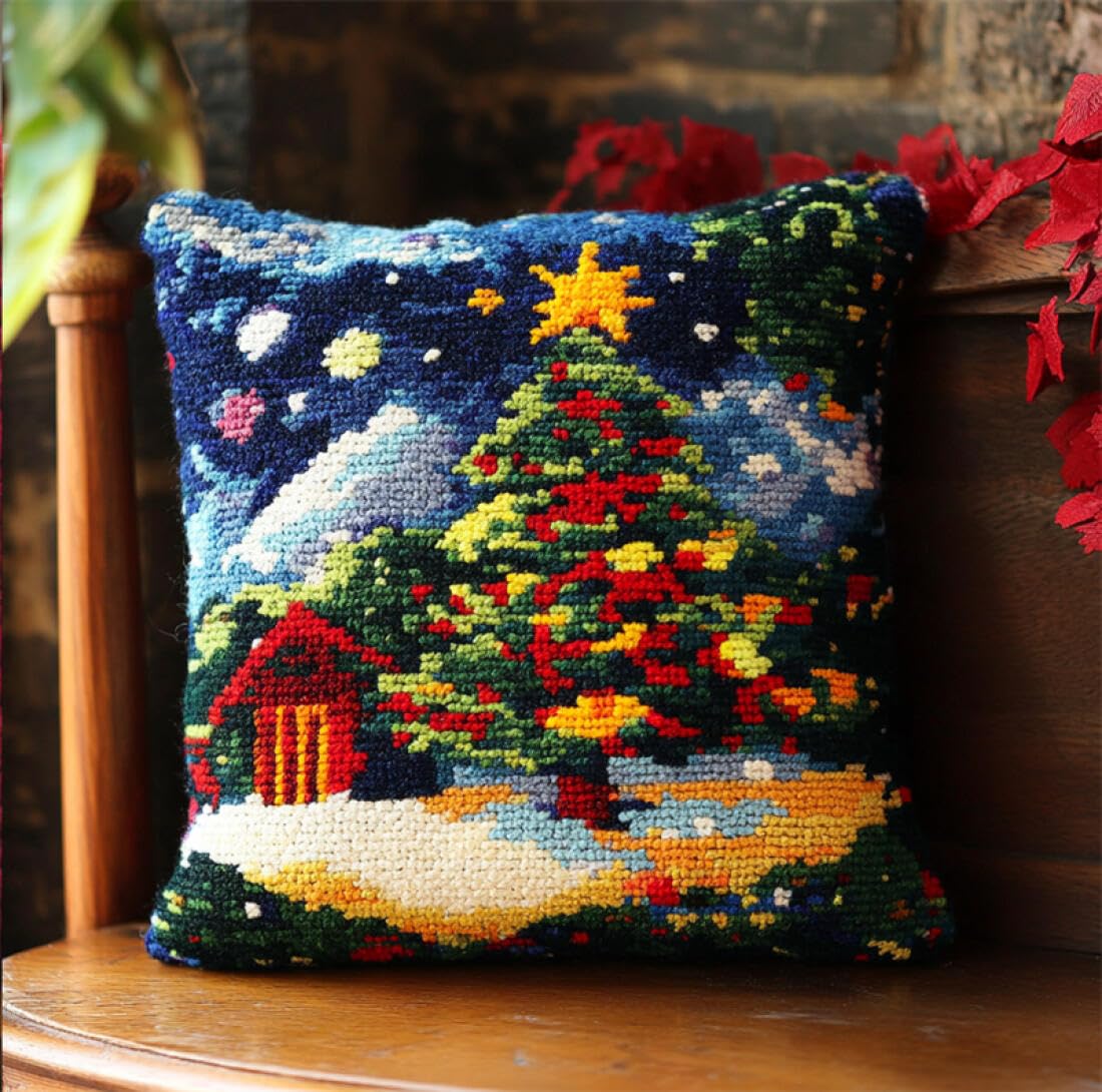 Kitquiver DIY Latch Hook Kit Cartoon Christmas Tree DIY Latch Hook Kits Pillow Needlepoint Cushion Kit for Home Décor Needlework Set for Adult Beginners 17x17In