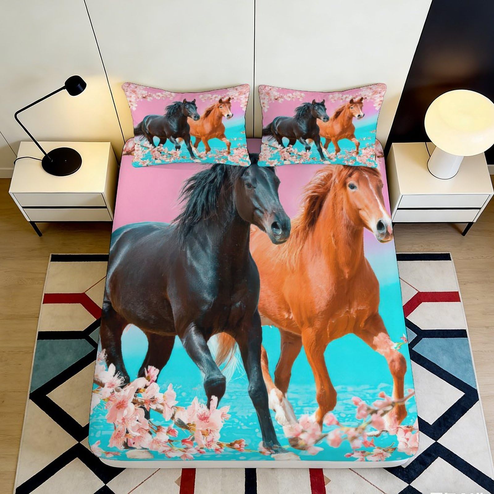 3D Printed Running Horses Fitted Sheet Microfiber Anti-Slip Blossom Mattress Cover Bedroom Dorm Protective Decor 120x200cm 180x200x25cm