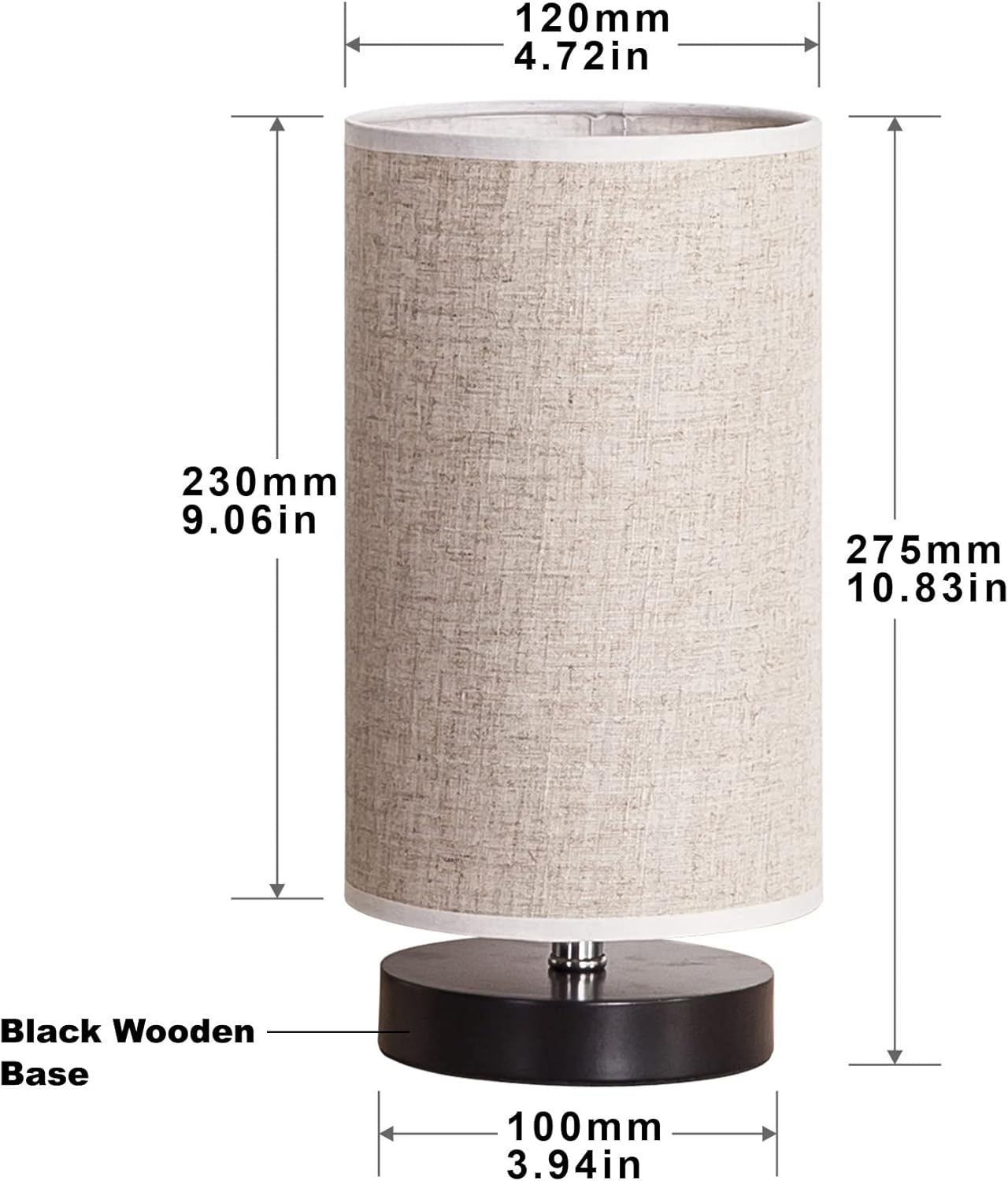 Table Lamp, Bedside Nightstand Lamp, Simple Desk Lamp, Fabric Wooden Table Lamp for Bedroom Living Room Office Study, Cylinder Black Base