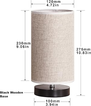 lifeholder Table Lamp, Bedside Nightstand Lamp, Simple Desk Lamp, Fabric Wooden Table Lamp for Bedroom Living Room Office Study, Cylinder Black Base