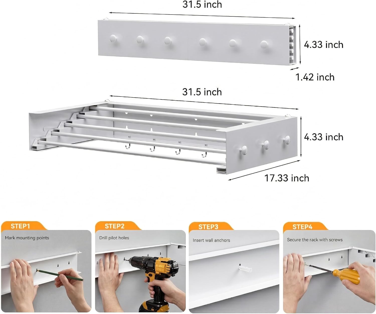 Collapsible Laundry Drying Rack Wall Mounted - 31.5 Inch Metal Clothing Drying Rack with 6+6 Hooks, Retractable Foldable Dryer Racks for Laundry Drying Indoor, Heavy Duty Towel & Coat Hanger