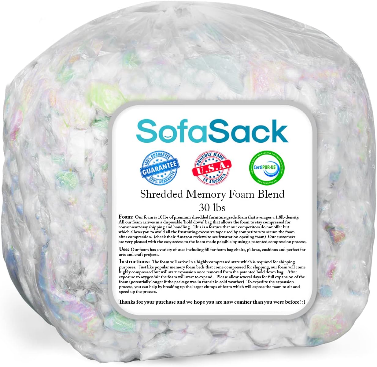 Sofa Sack Shredded Foam Refill: Memory Foam Filling Refill for Bean Bags, Dog Beds and Pillows, 30lbs, Multi-Color