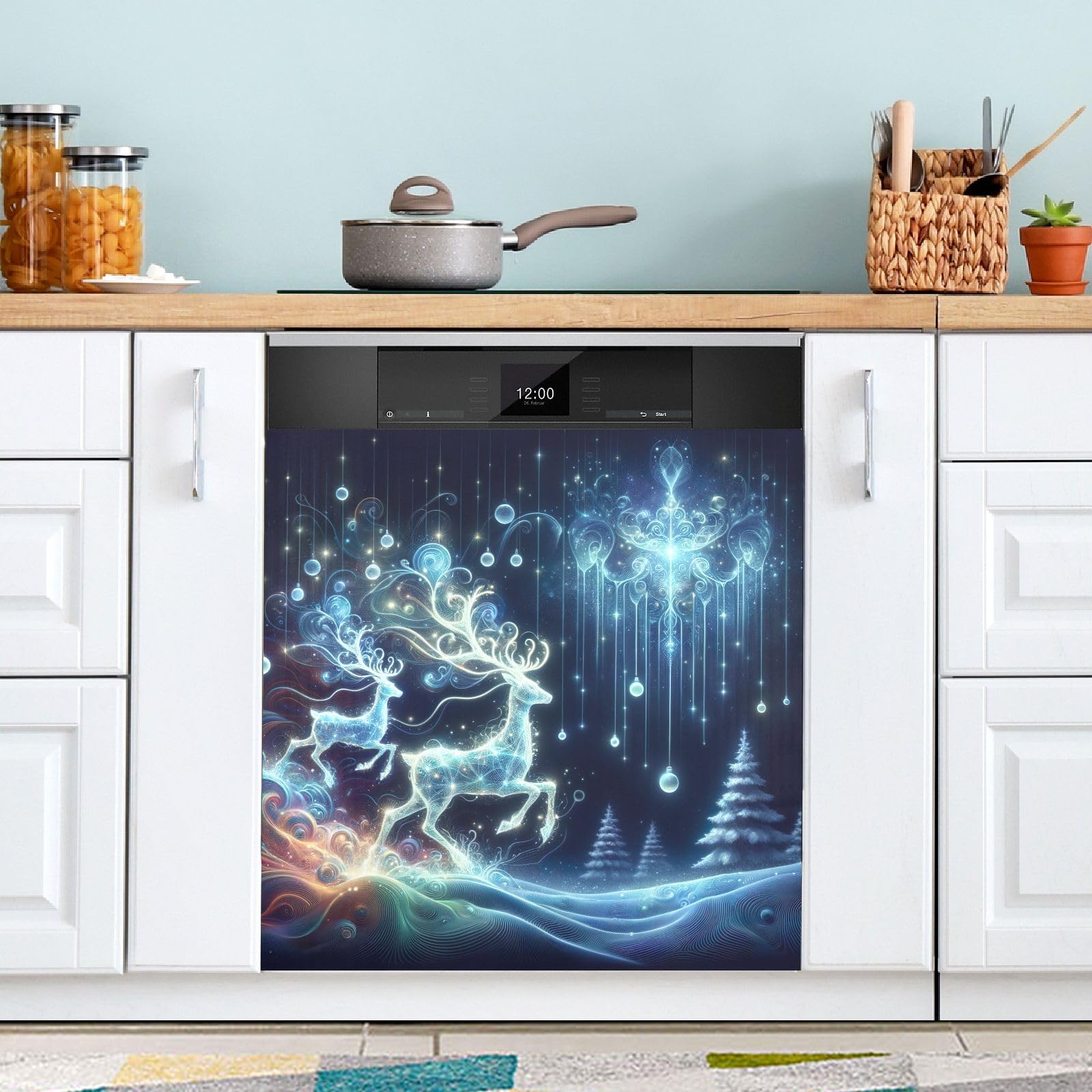 Autocollant magnétique pour lave-vaisselle motif renne de Noël bleu | Relooking cuisine facile