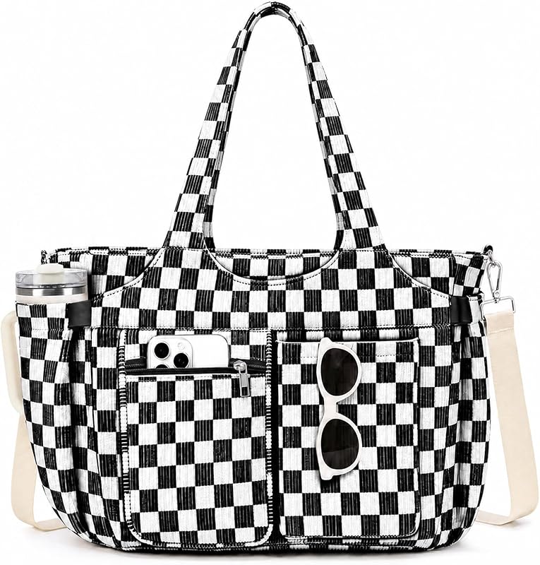 TOPEAST Corduroy Tote Bag for Women, Laptop Work Tote with Cup Holder | Soft Multi-Pocket Work Tote, Fits 15.6" Laptop, Holds 40oz Tumblers, Tote Purse for Office, School, Travel, Washable