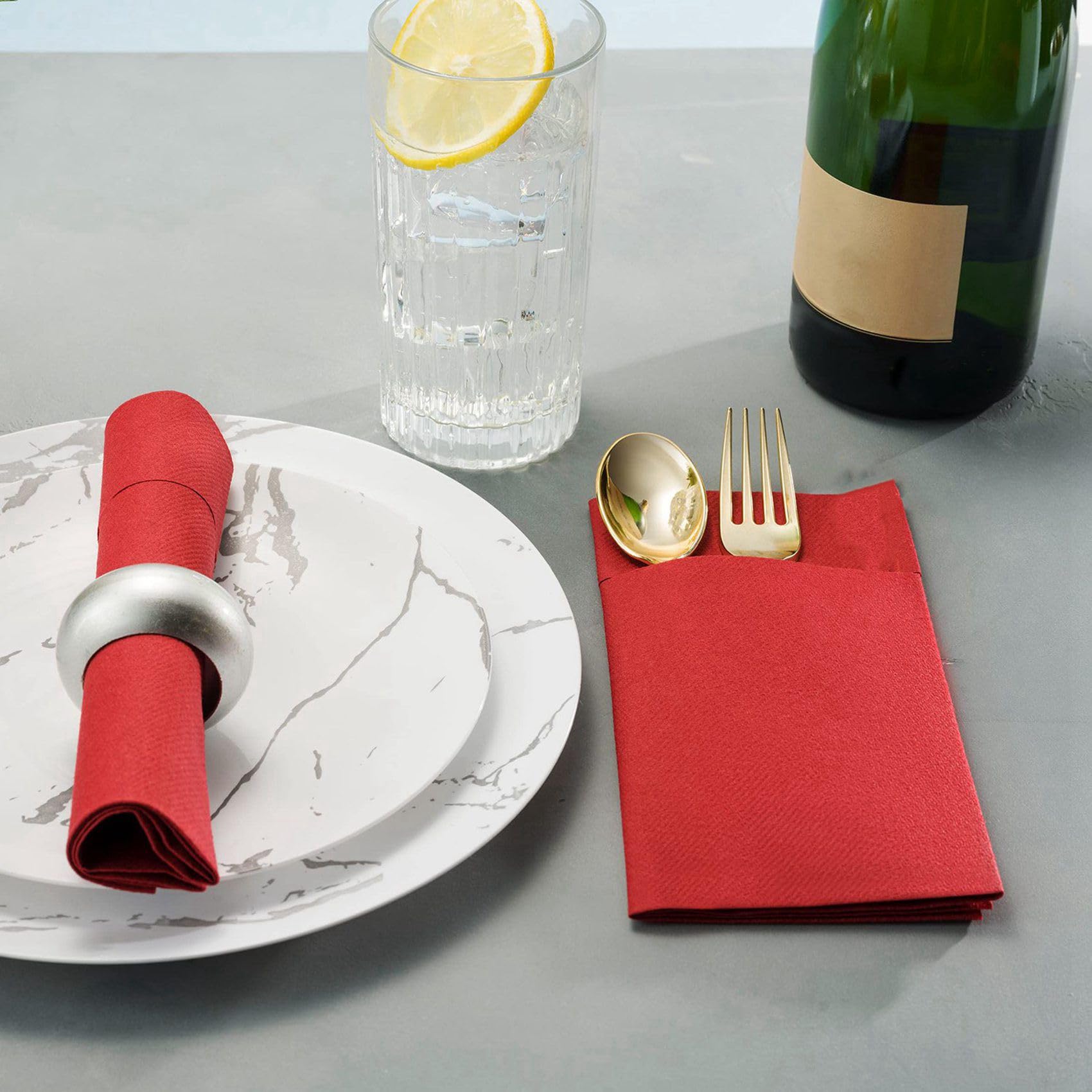 100 PièCes Serviettes de Table Jetables avec Poche à Couverts IntéGréE, Tissu Pré-Plié comme des Serviettes en Papier pour FêTe de Mariage Rouge
