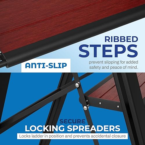 Miniatura 6 de Escalera plegable de 1 escalón, decorativa, hermosa caoba y aluminio negro, perfil ultra delgado, peldaños antideslizantes, resistente y portátil