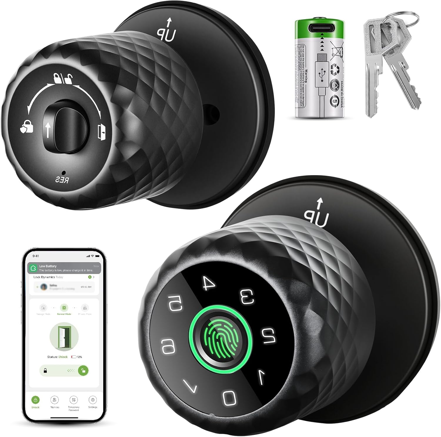 Smart Fingerprint Door Knob Fingerprint Door Lock with Keypad, Biometric Door knobs with App Control, Auto Lock Door Lock with Code, Keyless Door Knob with Locks for Bedroom, Home