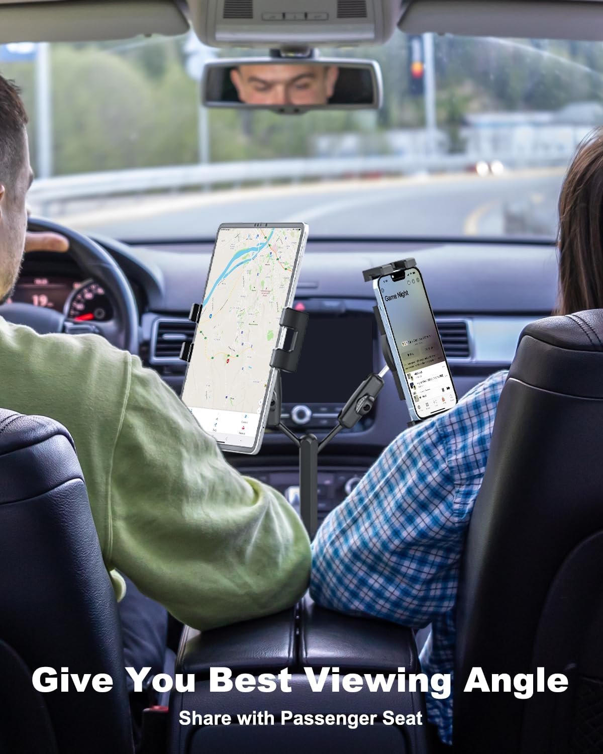 Car Dual Cup Holder Tablet Mount for 4.7"-13" Phone & iPad - Metal Adjustable Arm, 360° Rotatable Car Tablet Mount Stand, Compatible with iPad Pro/Air/Mini, Galaxy Tab/Z Fold, iPhone