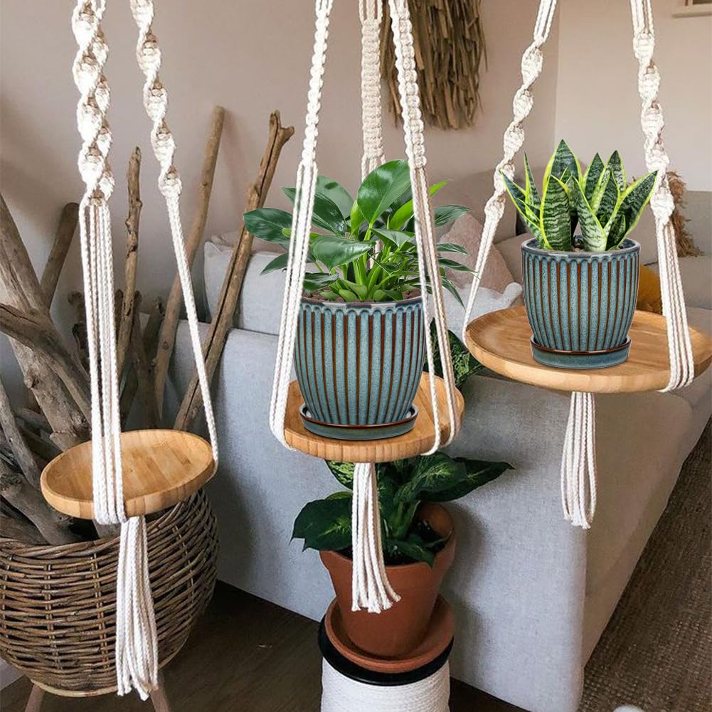 Oairse Juego de 2 Macetas de Cerámica para Plantas 13CM 15CM Maceta de Cerámica Azul con Agujeros de Drenaje y Platillos Macetas Decorativas a Rayas para Interiores Macetas Modernas para Flores para