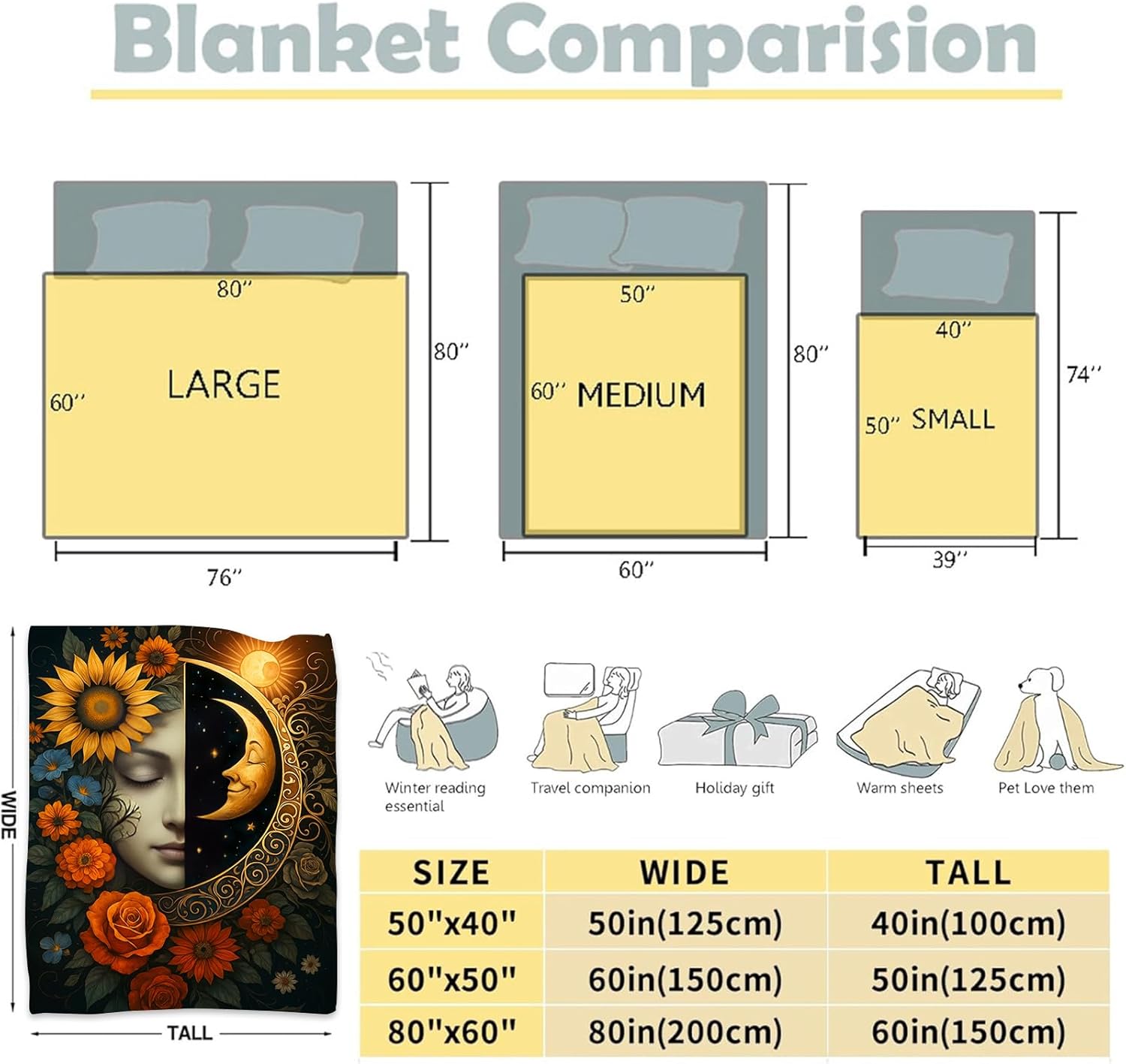 Celestial Moon and Sunflower Blanket,50x60in,Cozy Flannel Throw with Boho Face Floral DNight Sky Design,Soft Lightweight Gifts Blankets for Women,Sofa Bed Travel Camping Astrology Boho Decor - Image 3