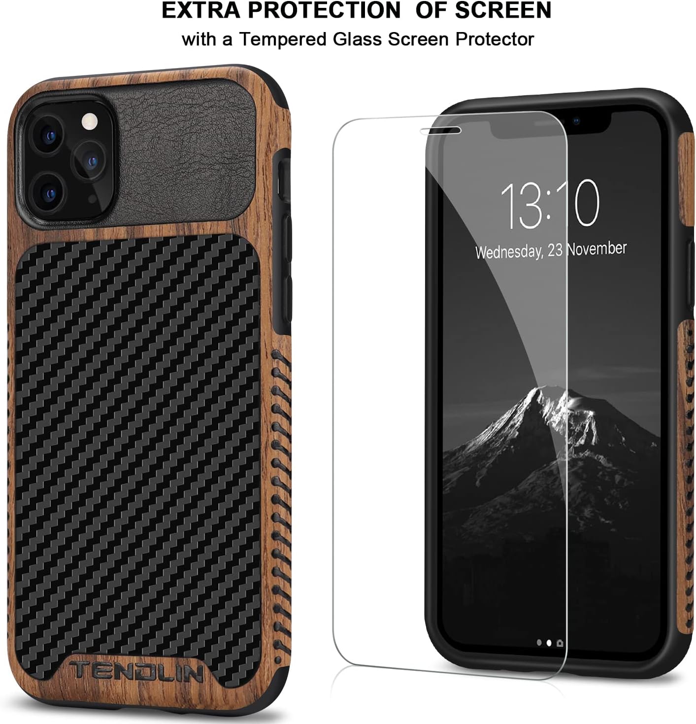 TENDLIN Compatible with iPhone 11 Pro Case Wood Grain with Carbon Fiber Texture Design Leather Hybrid Case Black