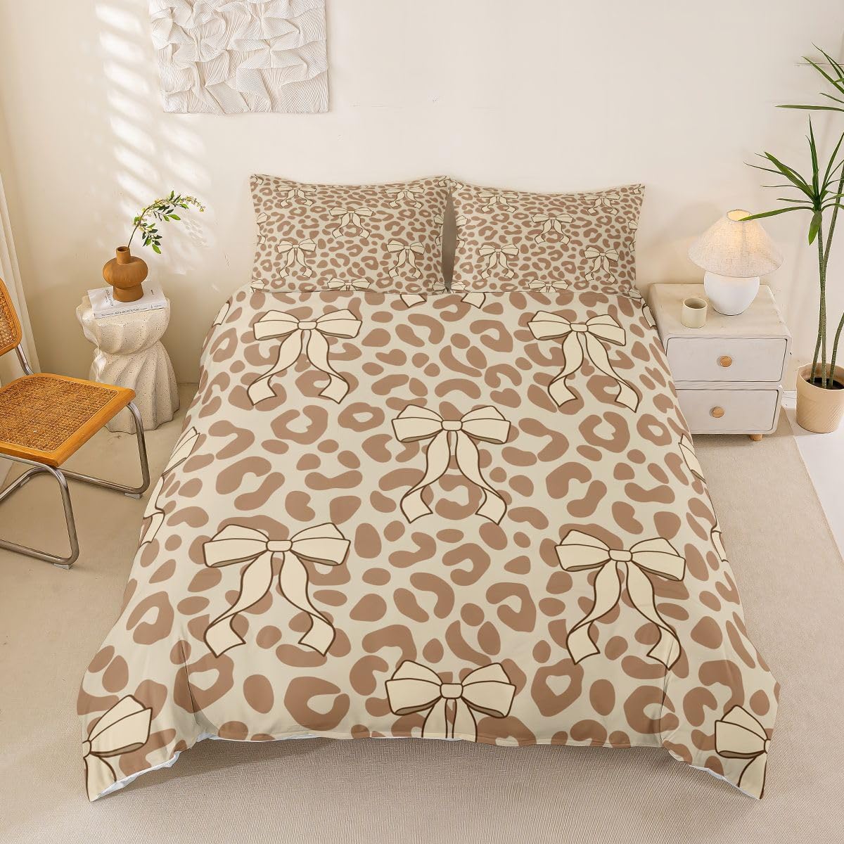 jejeloiu Leopard Print Duvet Cover Toddler Size Coquette Bow Comforter Cover for Boys Girls Pink Stripe Glitter Pattern Bedding Set 2Pcs Fashion Leopard Room Decor