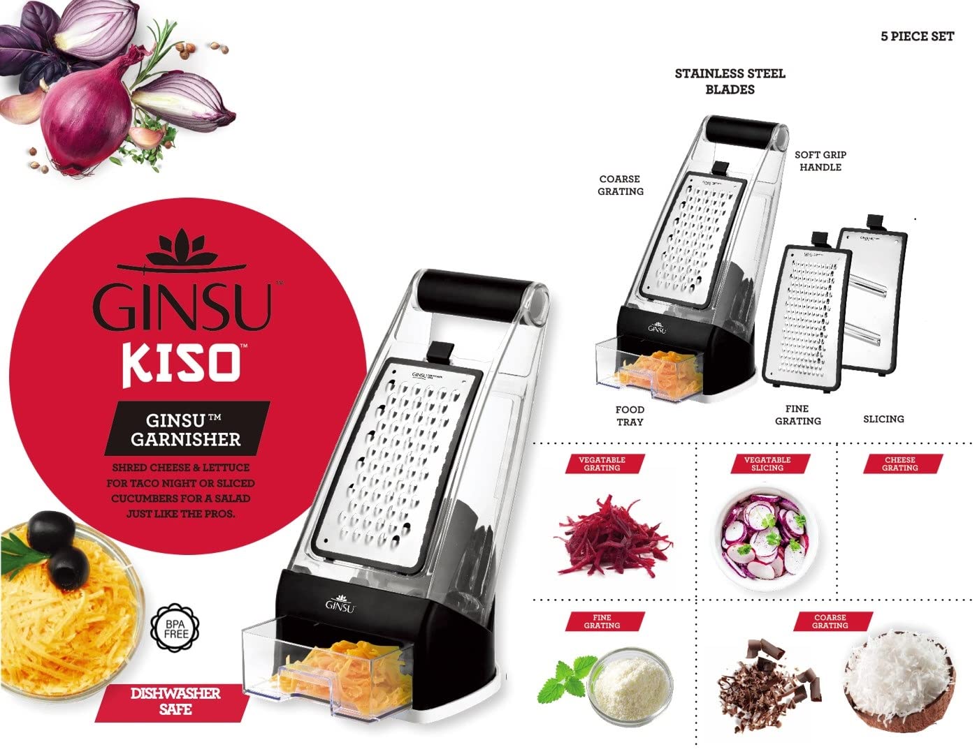 GINSU Garnisher, Dual-Sized Cheese Grater, Stainless Steel Blades for Coarse Grating, Fine Grating & Sliding, Food Collection Tray, Soft-Grip Handle, Wide Base, BPA-Free, Dishwasher Safe