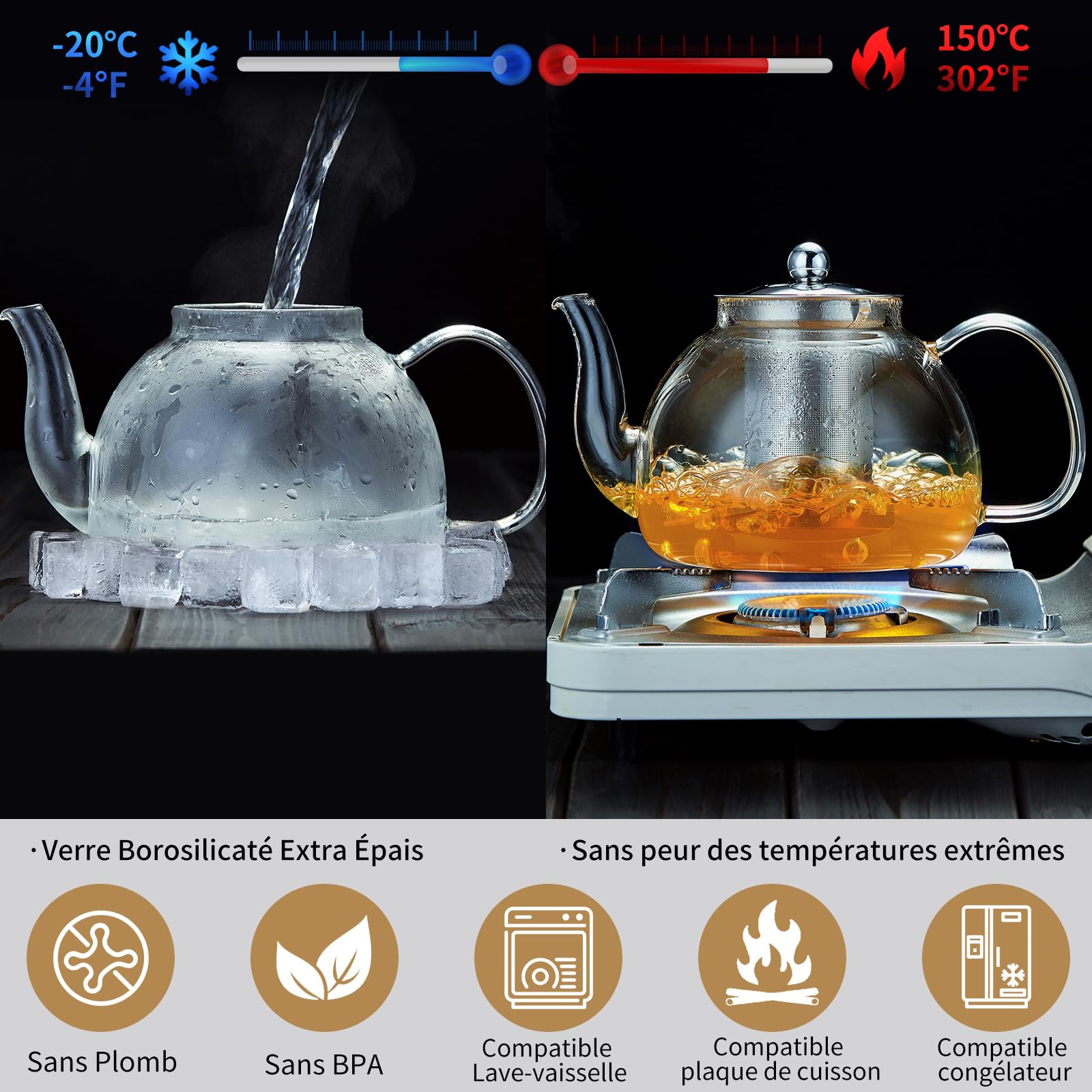 MESNEY Théière en verre de 1200 ml avec infuseur - Passe au four à thé en borosilicate résistant à la chaleur pour thé en vrac, passe au micro-ondes et au lave-vaisselle