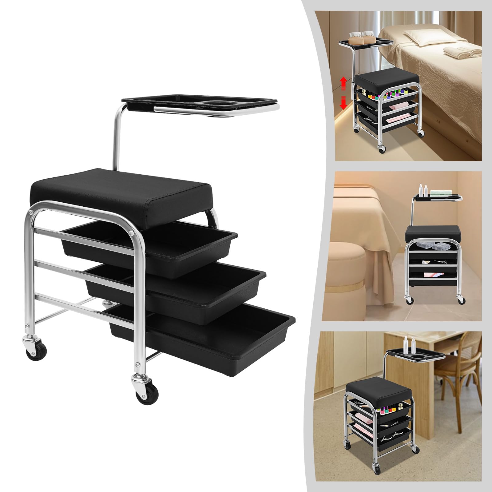 Carrello da salone con cuscino, per manicure e pedicure, carrello per manicure e cura della bellezza, 31 x 38 x 44 cm, nero