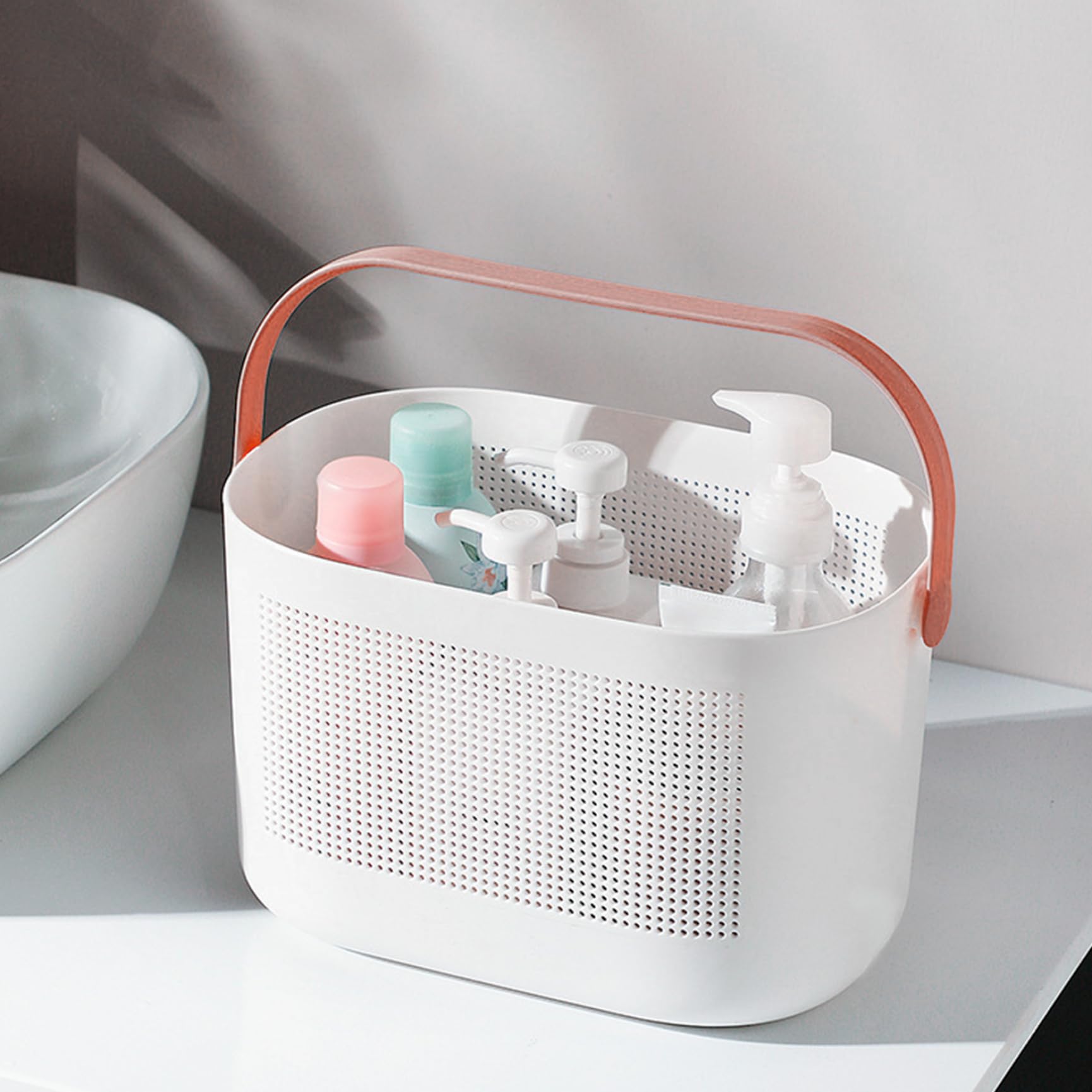 Caddie de douche portable en plastique maillé gris 30x19 cm avec poignée pour camping