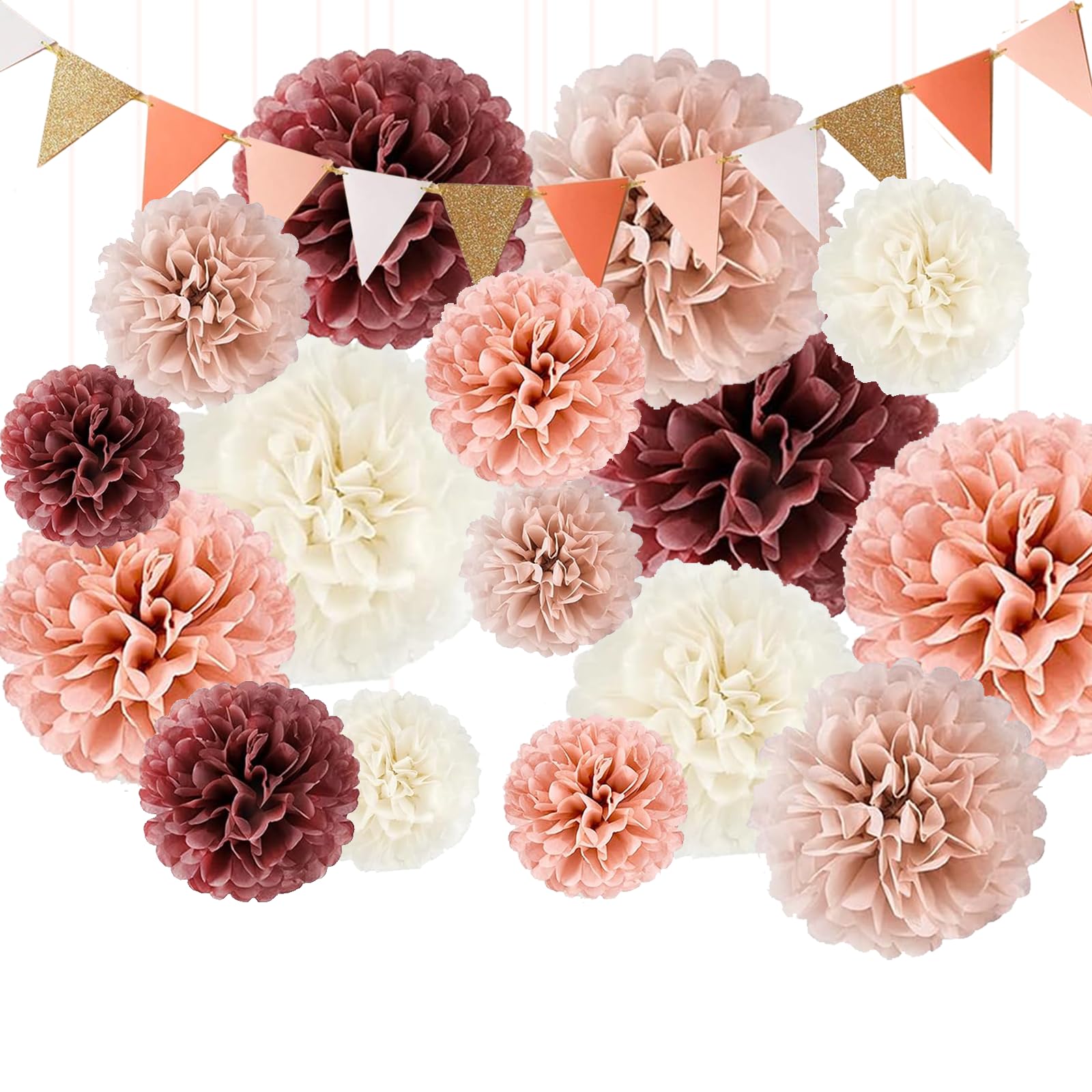 TREABEAR 26Pcs Decoración Cumpleaños, Pompones de Papel de Seda, Decoracion Comunion Niña, Flores de Papel, Decoracion Fiesta, Decoración Boda, Decoracion Bautizo Niño, Decoración Baby Shower Niña