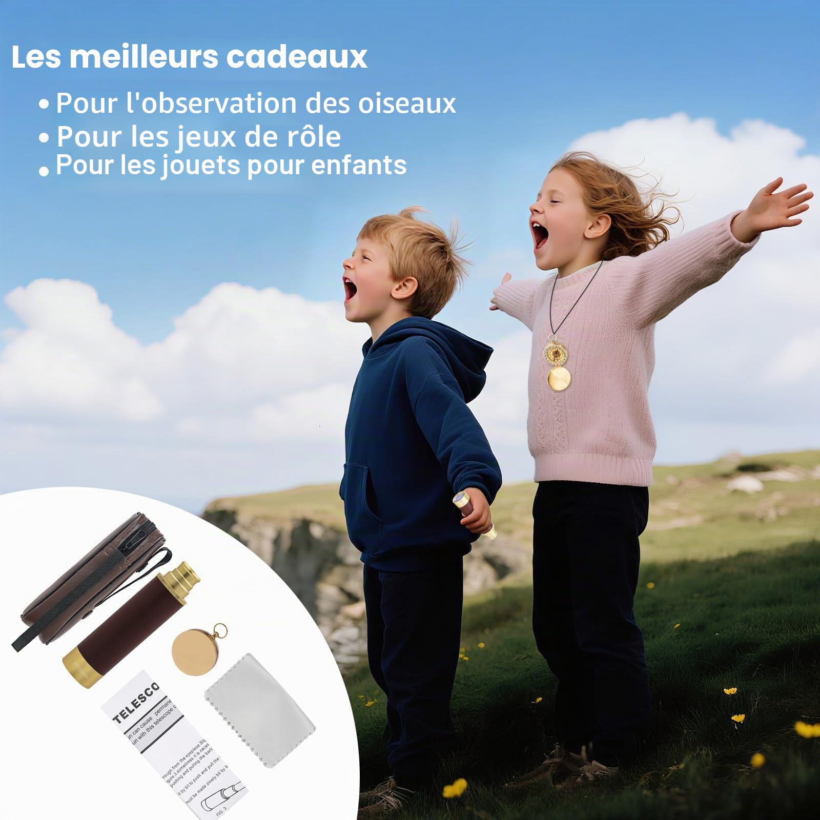 Télescope Pirate Rétro Monoculaire Zoomable 25x30 Vintage Longue Vue Enfant Lentille BAK-4 Imperméable Mini Télescope avec Boussole pour Adultes Camping Observation des Oiseaux