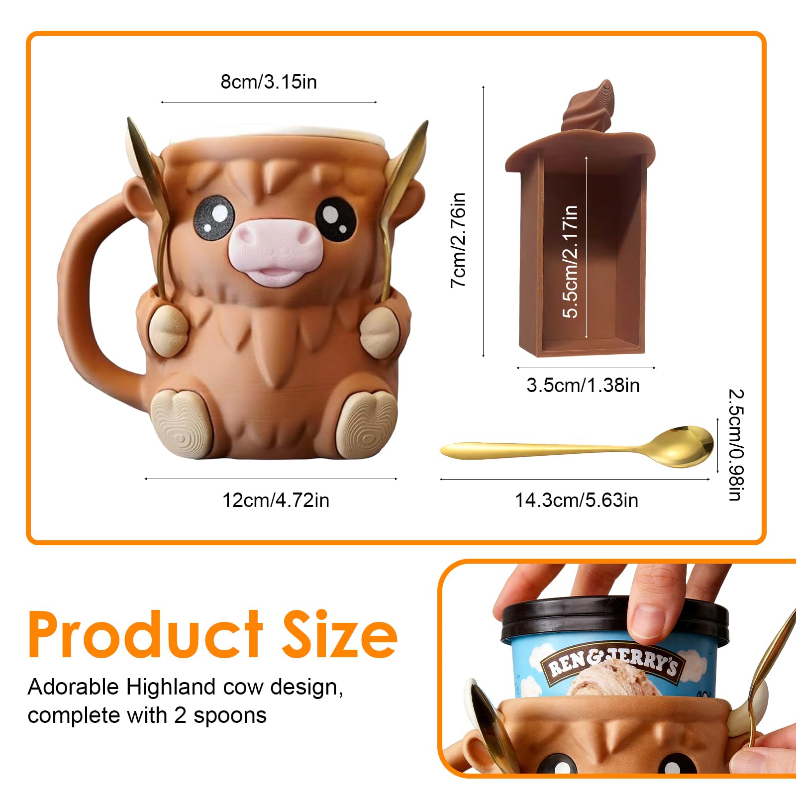 Porta Gelato Highland Cow con Cassetto Segreto, Supporto per Pinta di Gelato & Decorazione, Include 2 Cucchiai, Ideale per Casa, Picnic, Festa & Campeggio
