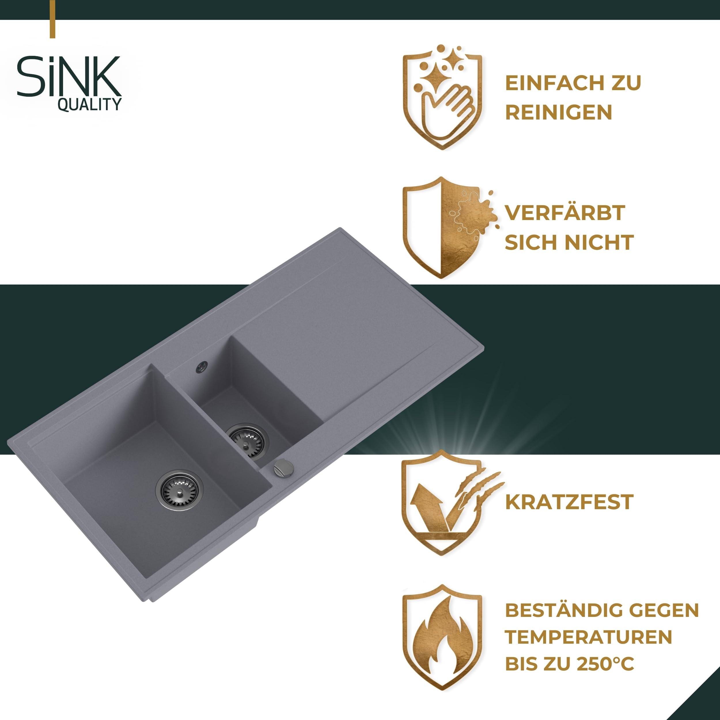 SINK QUALITY Évier de cuisine, en granit, noir, avec robinet, siphon et agent d'imprégnation, 100 x 50 cm, évier de cuisine à partir de 60 cm