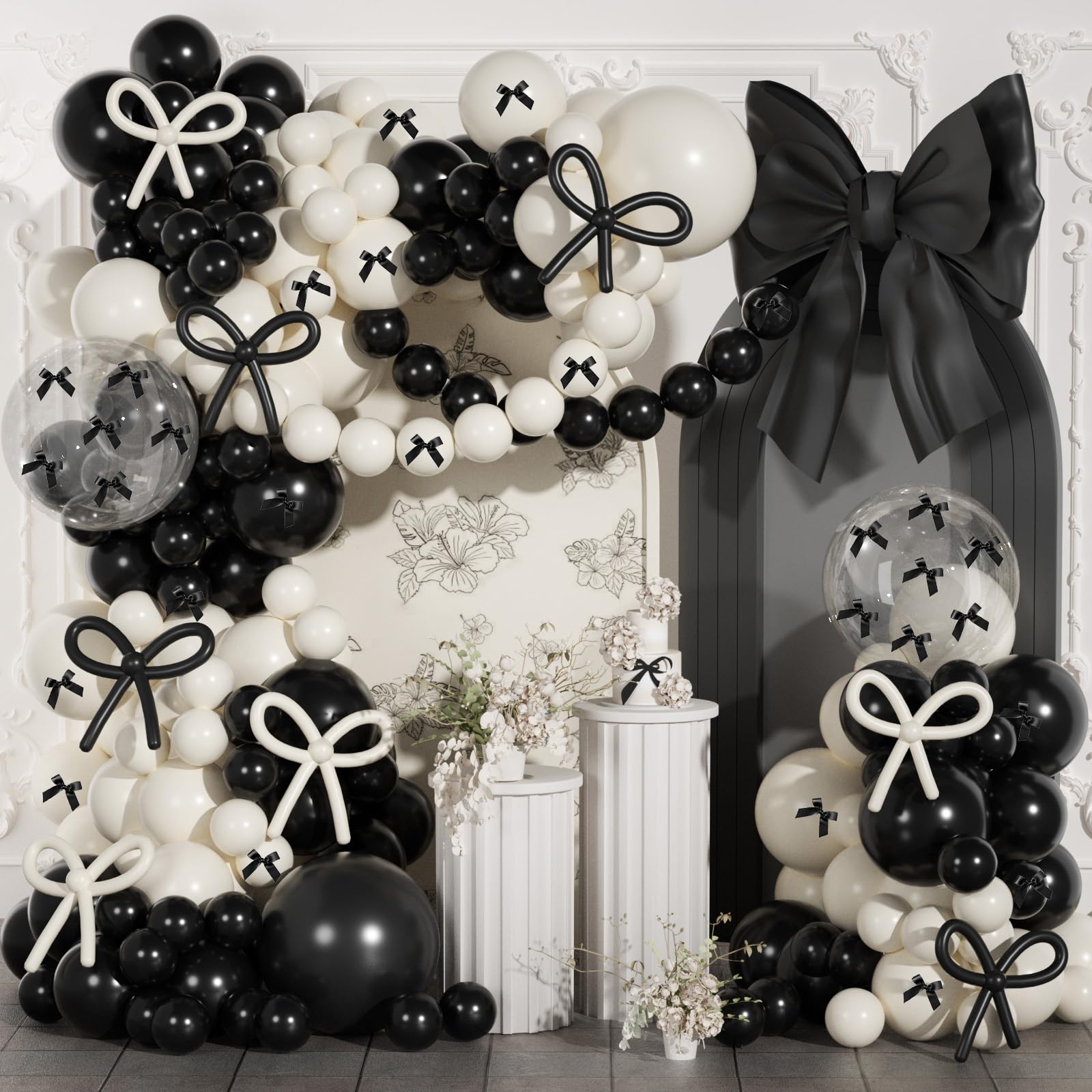 Black and White Sand Balloons Arch Garland Kit,JOGAMS 199Pcs Black Bow Party Decorations with 260 Clear Black Ribbon for Bow Coquette Birthday Decorations Bachelor Baby Shower Bridal Shower