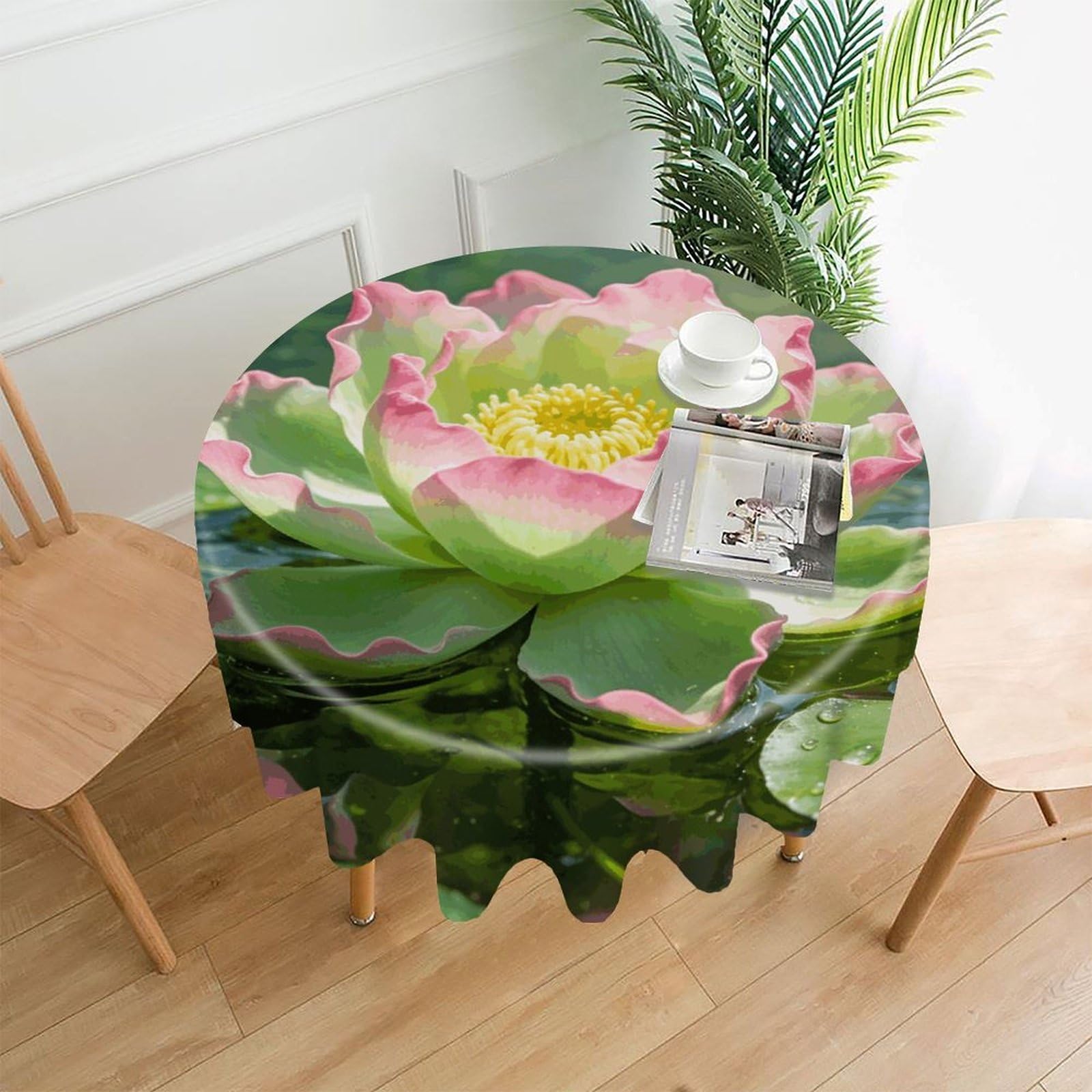 LDGSUPH The Green Lotus Holds Dewdrops Round Tablecloth Cover Washable Luxurious Fabric Table Cover Decor Wrinkle Free Fashion Round Table Cloth for Home Dining Kitchen Party 60 in