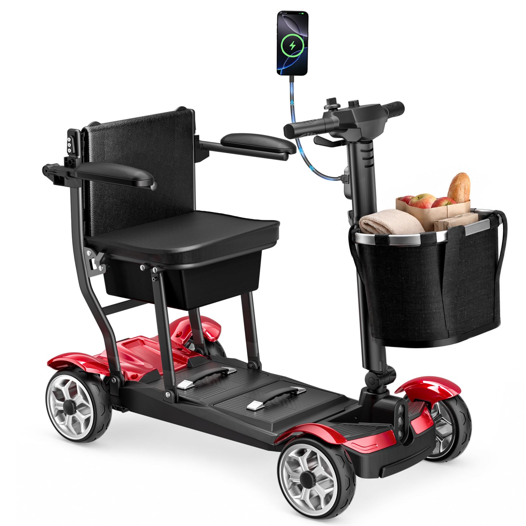 4 Wheels Electric Wheelchair for Seniors, Foldable, 350LBS Capacity&amp; 15 Miles Range&amp;350W Powerful Moto&amp;Rotating Seat&amp;LED Light&amp; Double Baskets&amp;Auto Brake-（Red Color）