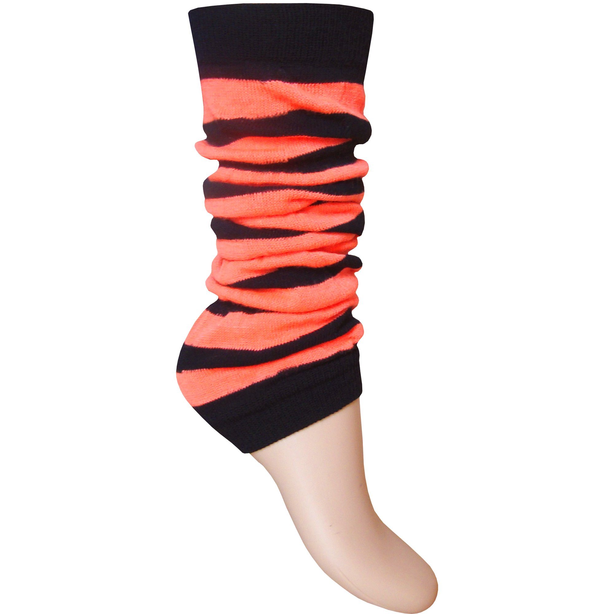 TeddyT's Ladies & Girls Fluorescent Neon Striped Comfort Fit Ankle Leg Warmers (Black & Neon Orange)