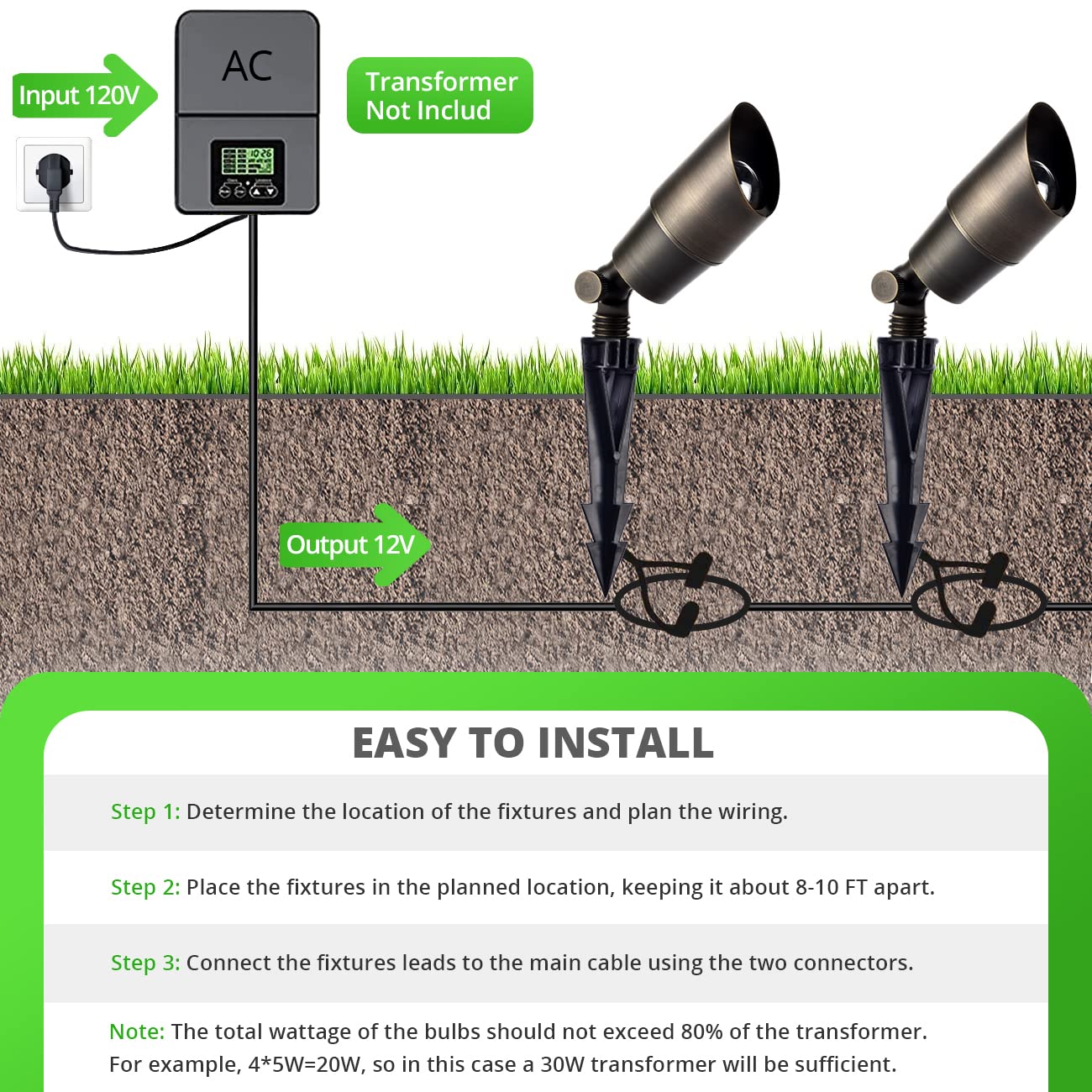 wowlite Die-cast Brass Outdoor Spot Lights with 4 Light Bulbs, 5W 2700K Warmlight 12V Low Voltage Landscape Lighting Fixture, Waterproof Bronze LED Uplights for Garden Courtyard Pathway, 4 Pack…