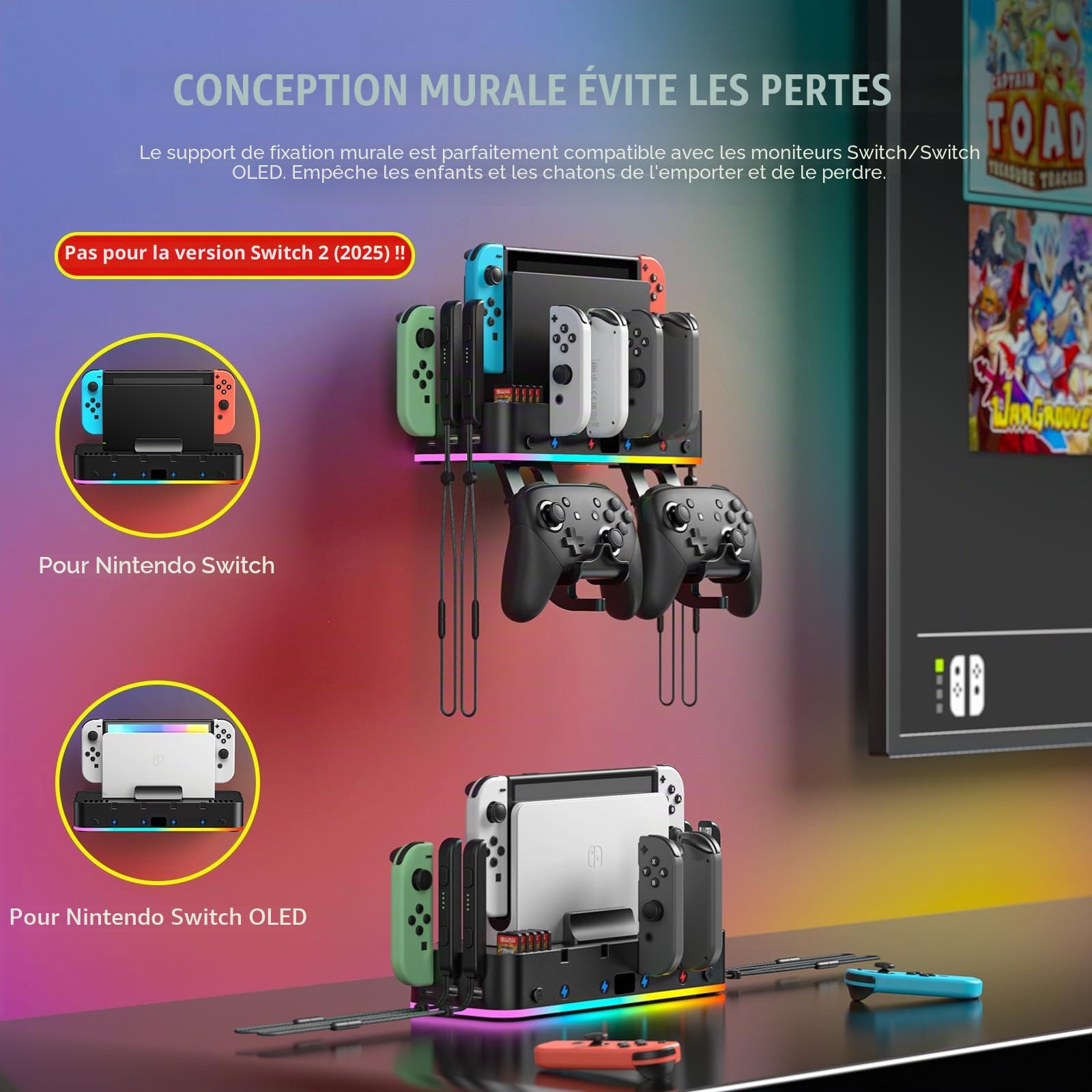 FASTSNAIL LED Support Mural pour Nintendo Switch/OLED&Joycon,Chargeur pour Switch Console et Manette,avec 15 Modes d'éclairage et 4 Ports USB, 2 Crochets