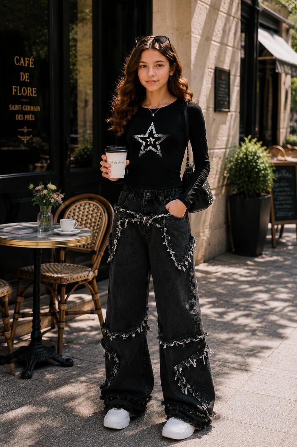 Cakaner Girls 2 Piece Outfit Set Fall Star Top and Wide Leg Jeans Set 9-16 Y