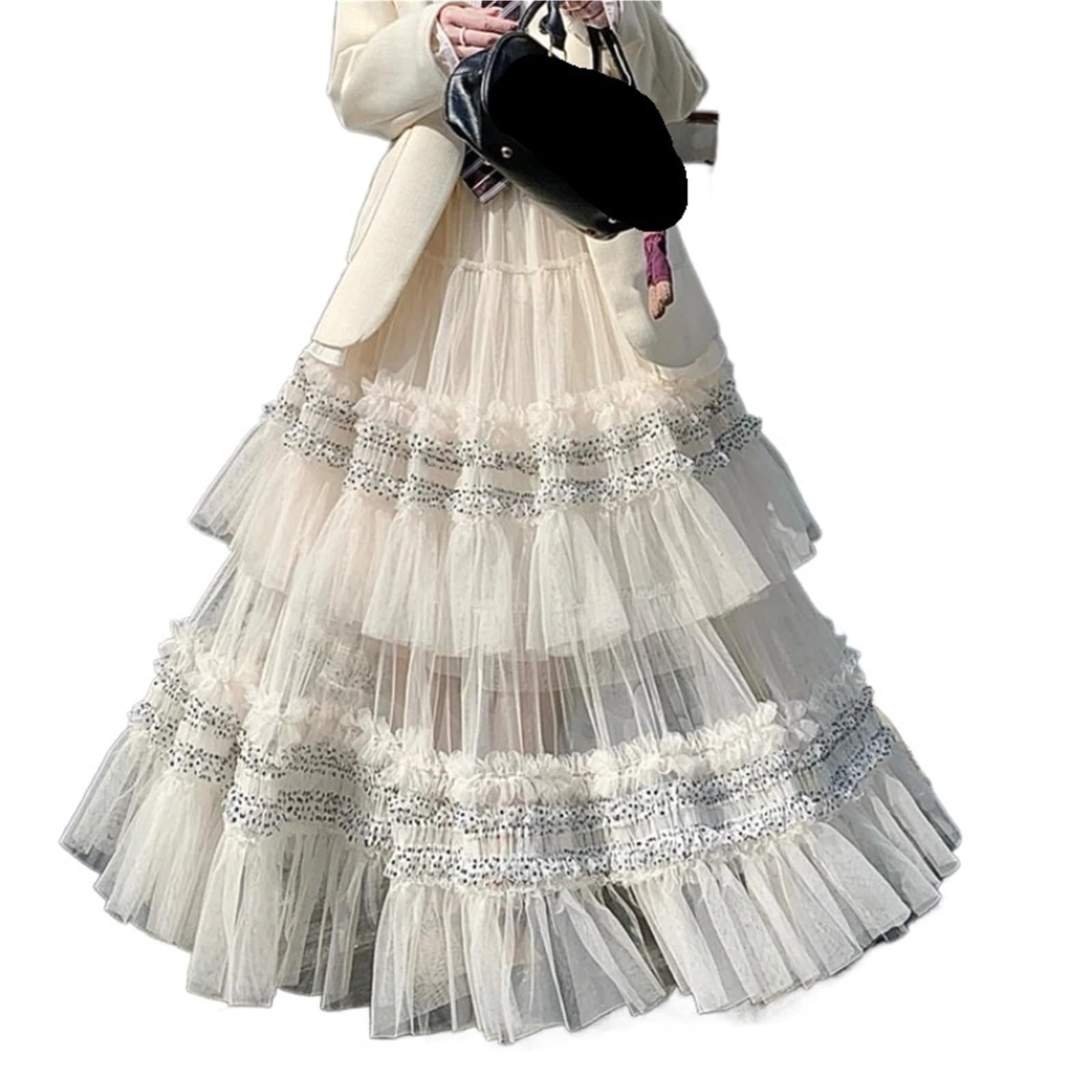 Princess Cute Sheer Mesh Long Maxi Gonne Donne romantiche | Gonne lunghe lunghe Donne romantiche con volant Una linea di tulle in pizzo a vita alta svasata Maxi gonne dolci