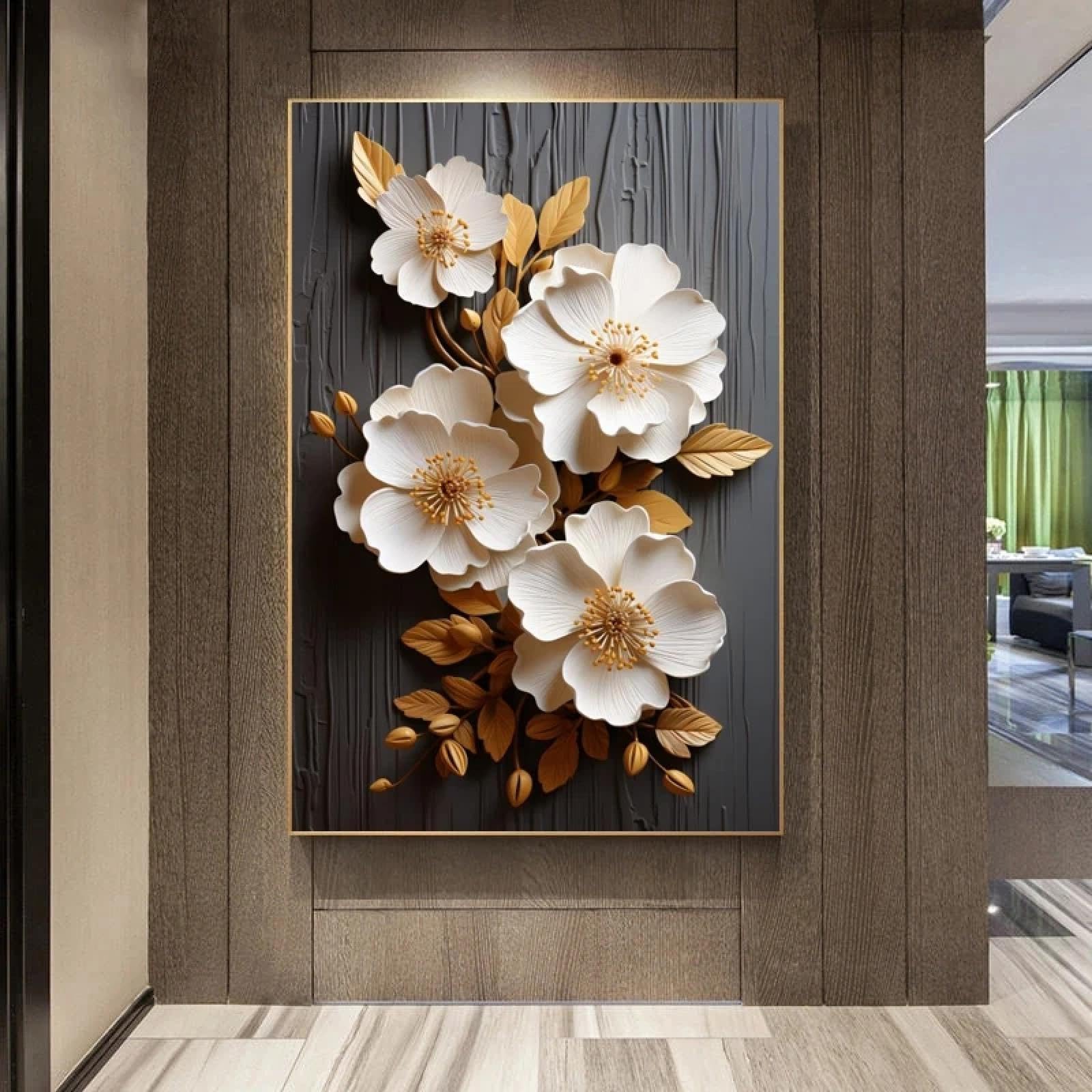 ZHAOLIN White Flower Posters Canvas Prints Abstract Golden Leaf Painting Wall Picture for Living Room Home Decoration Large Size 30x50cm(12x20in) Frameless